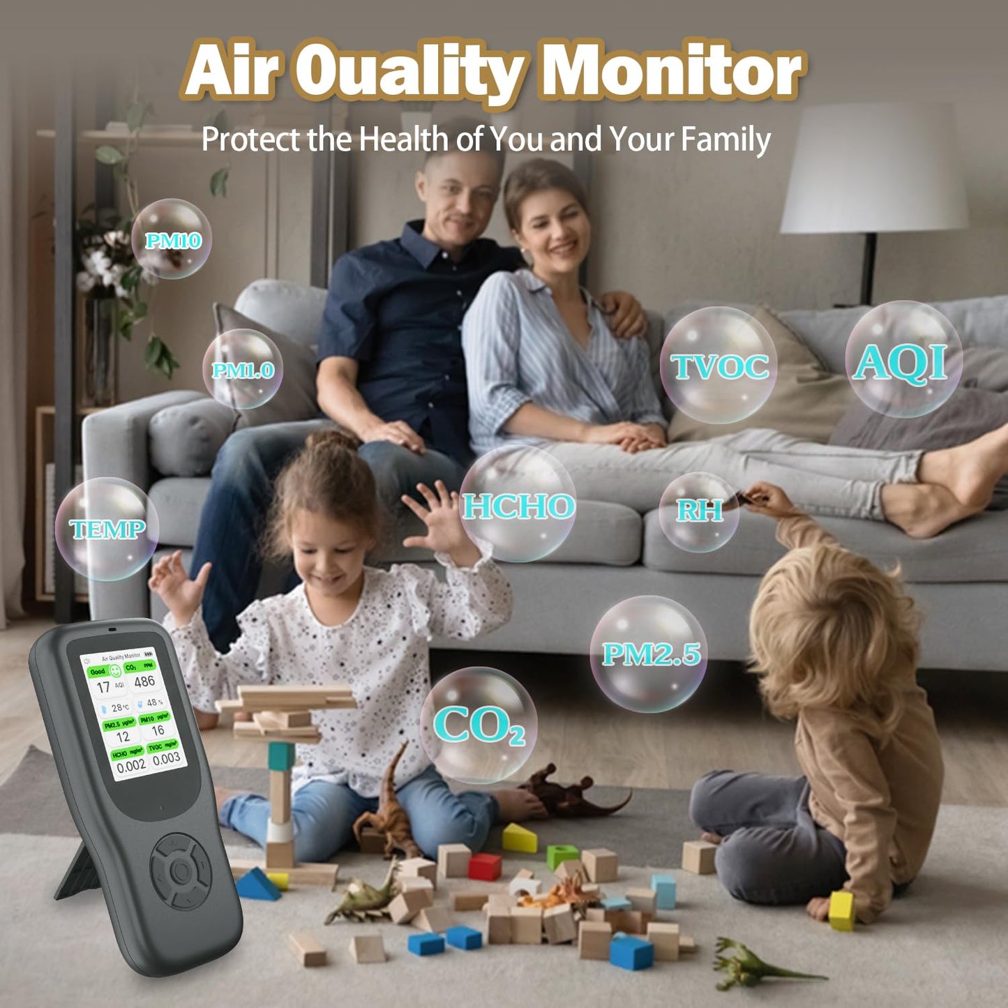 11-in-1 Air Quality Monitor - Portable Indoor Air Quality Detector with Stand, Real-Time Test for AQI, CO2, PM2.5, PM1.0, PM10, TVOC, HCHO, Particles, Temperature & Humidity with Aler (Black-White)