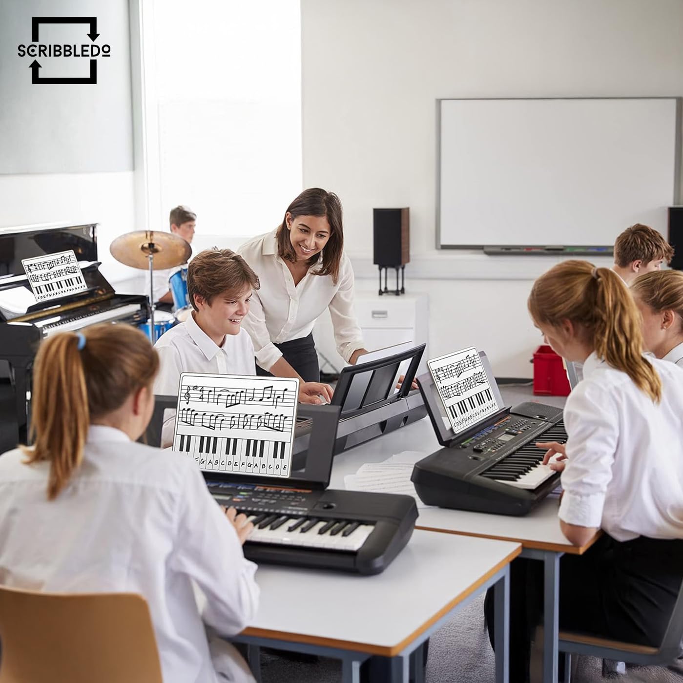 SCRIBBLEDO 10 Pack 11 x 14 Inch Piano Board Dry Erase White Boards Keyboard Double Sided Music Staff whiteboard for Kids Students, Musicians Music Class Supplies. (10 Erasers Included)