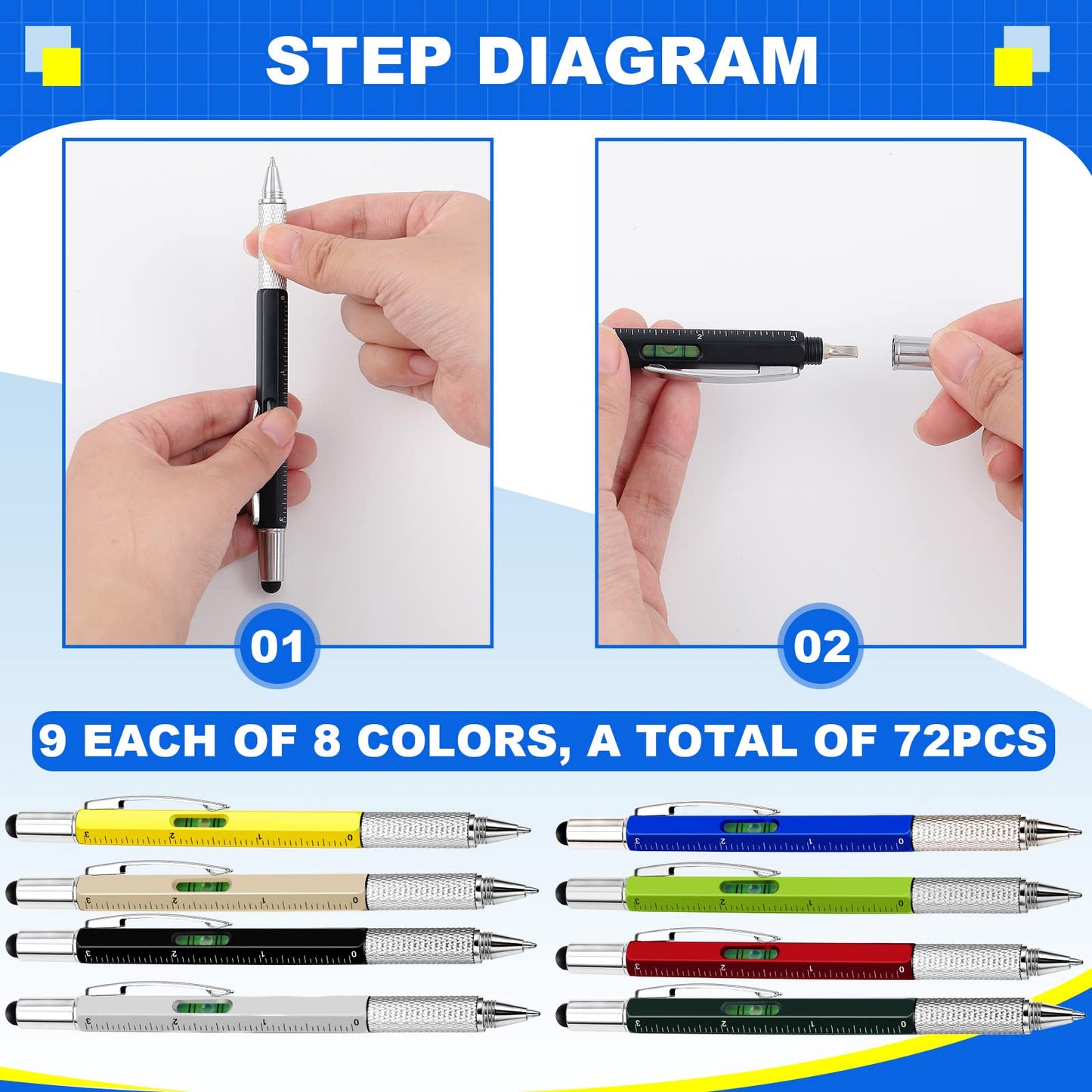 Zhanmai 72 Pcs Father's Day Bulk Gift 6 in 1 Screwdriver Tool Pen Multitool Tool Pens for Party Favor Father's Gift for Adult Level Gauge Ballpoint Pen Stylus Screwdriver (Multicolor)