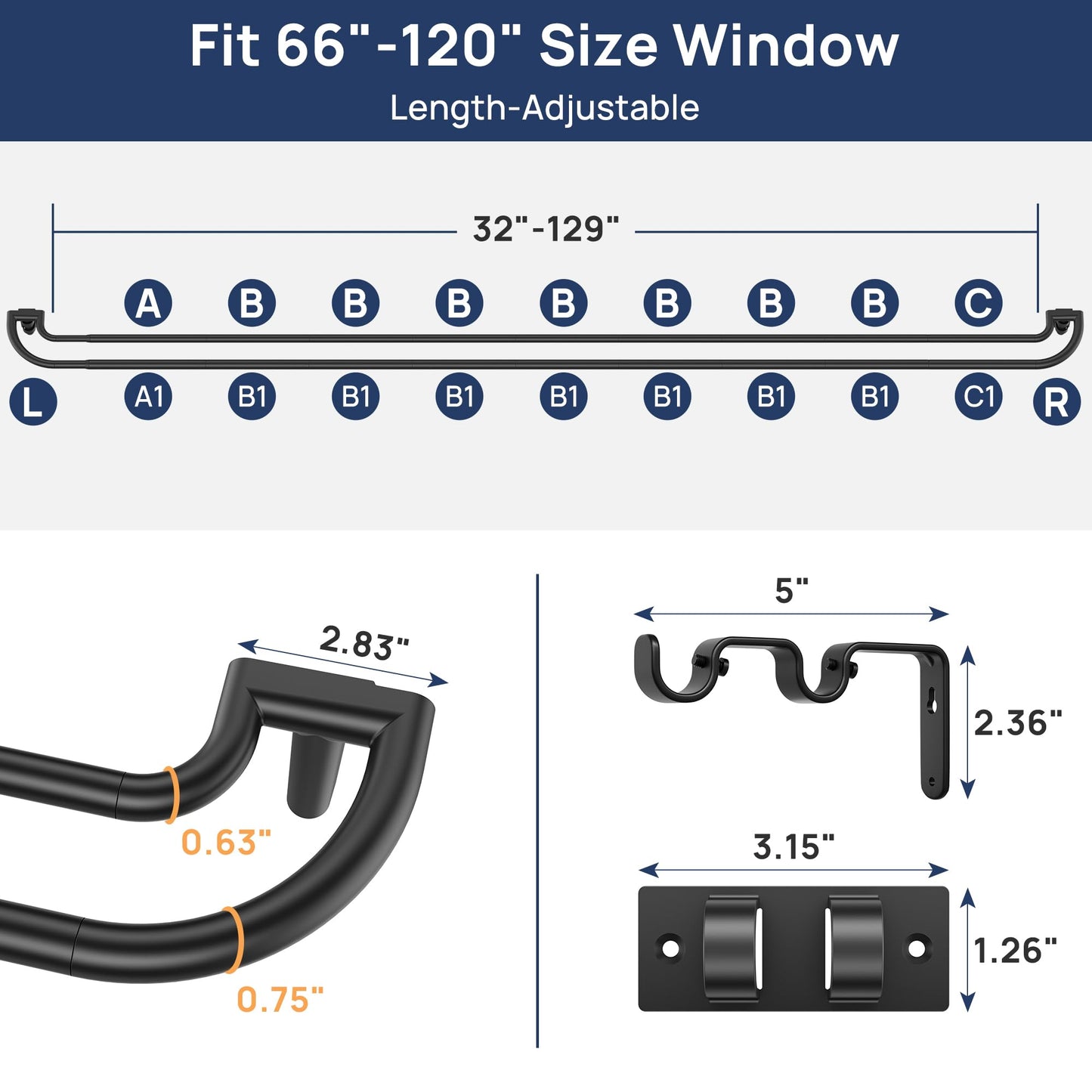 ENJOYBASICS Double Curtain Rod，Blackout Wrap-Around Curtain Rods for Windows 66 to 120 Inch for Room Darkening Curtains，Adjustable from 32 to 129 Inch, Matte Black