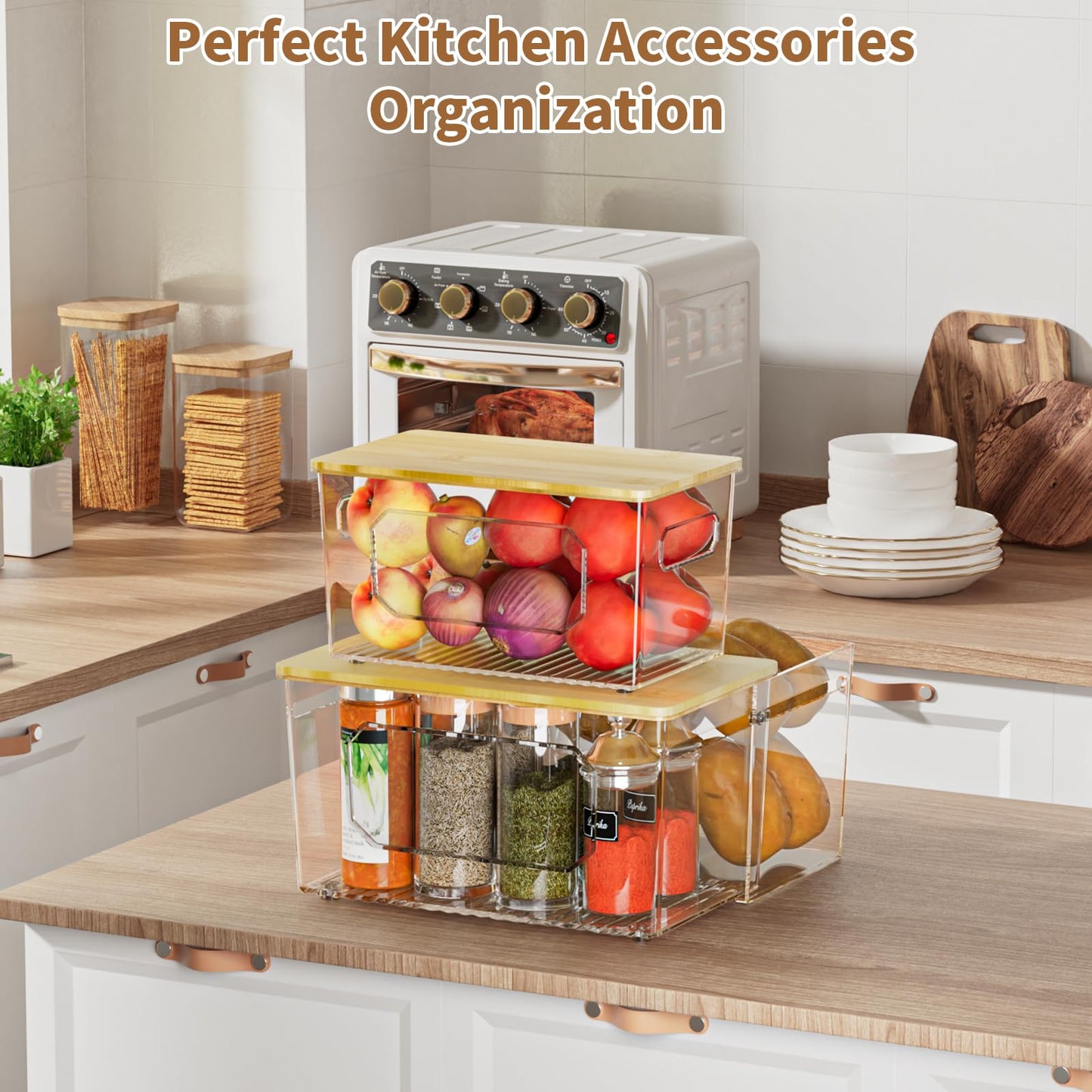 Trash Bag Holder 3-in-1 Under Sink Organizer, Acrylic Trash Bag Dispenser with Bamboo Lid and Pull-Out Basket for Cleaning Supplies, Space Saving Garbage Bag Holder for Kitchen Laundry Room Storage