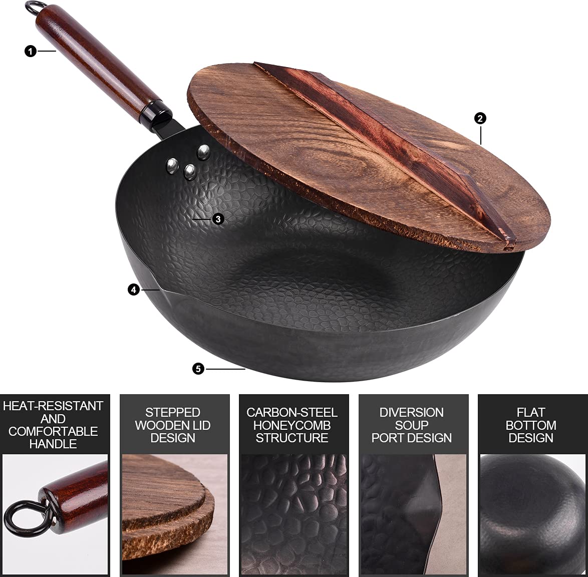 Leidawn 12.8" Carbon Steel Wok-11Pcs Woks & Stir Fry Pans Wok Pan with Lid, No Chemical Coated Chinese Woks with 10 Cookware Accessories, Flat Bottom Wok for Electric, Induction,Gas Stoves