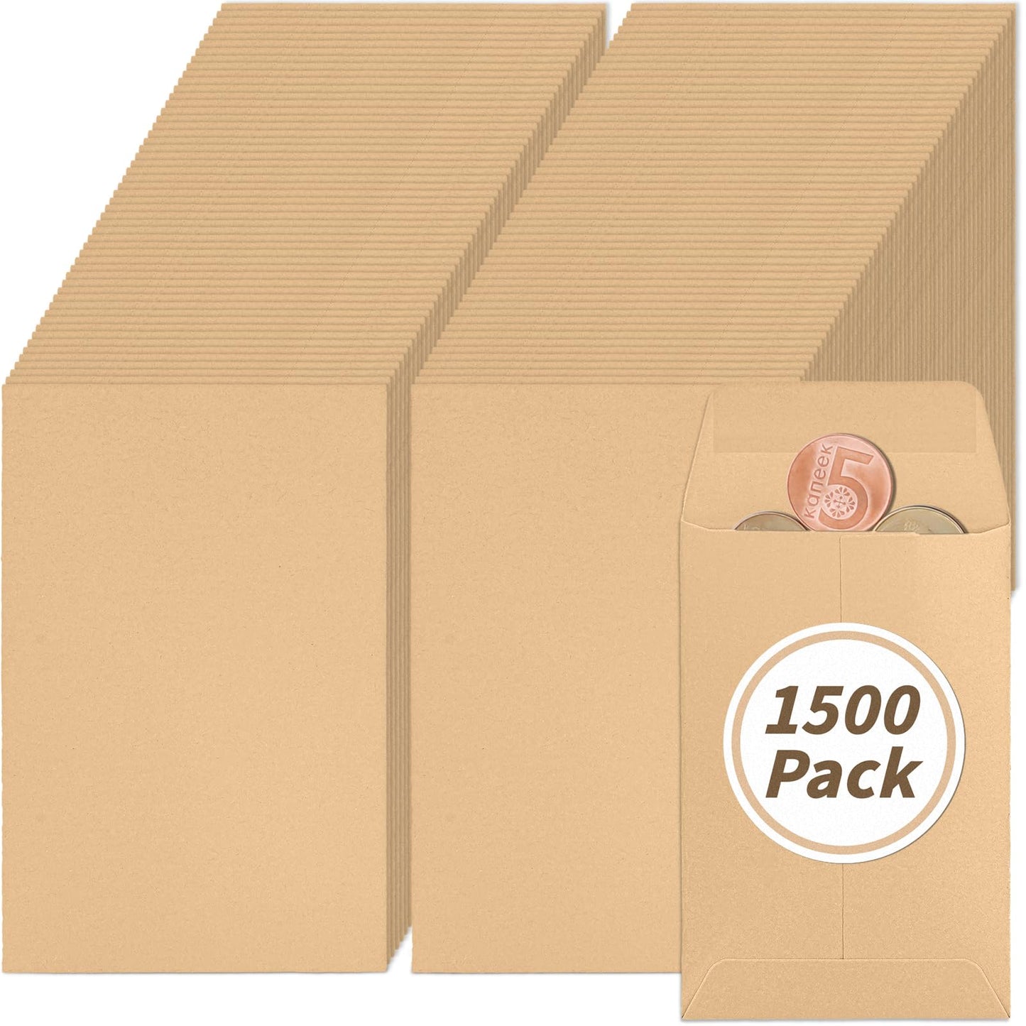 1500 Pack Small Coin Envelopes 2.25x 3.5in Brown Kraft Small Cash Envelopes Mini Key Envelopes with Gummed Flap for Home and Office Use