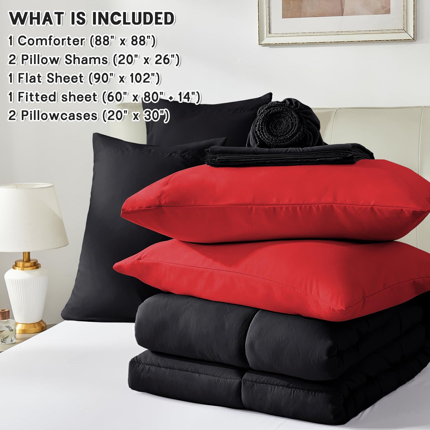 Anluoer Queen Comforter Set 7 Piece, Reversible Bed in a Bag Queen Size, Soft Bedding Set with Comforter(88"X88"), 2 Pillow Shams, 2 Pillowcases, 1 Flat Sheet, 1 Fitted Sheet, Red & Black