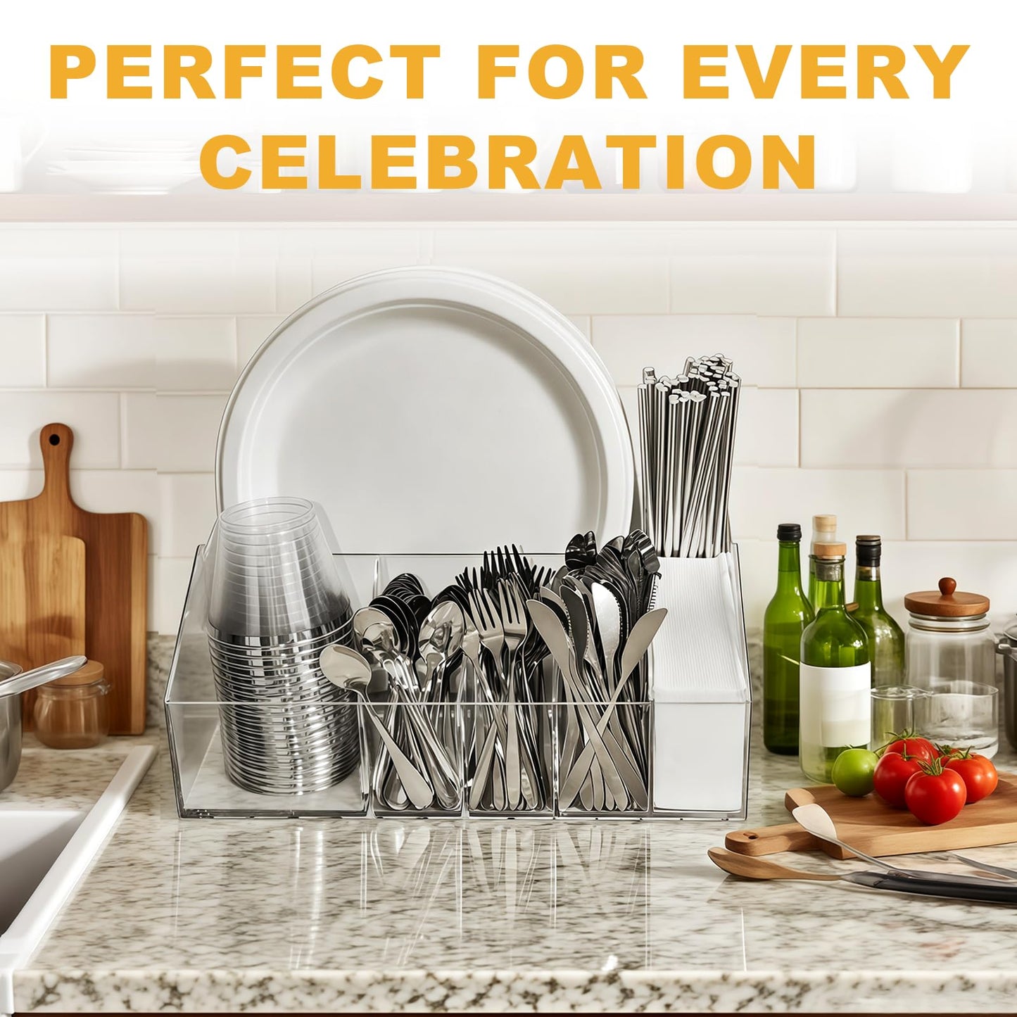 Truxwal Acrylic Paper Plate Organizer and Dispenser – Extra Capacity Plate and Utensil Caddy for Plates, Cups, Napkins and Cutlery, Ideal for Kitchen, Parties, Picnics, Weddings, and Outdoor Events