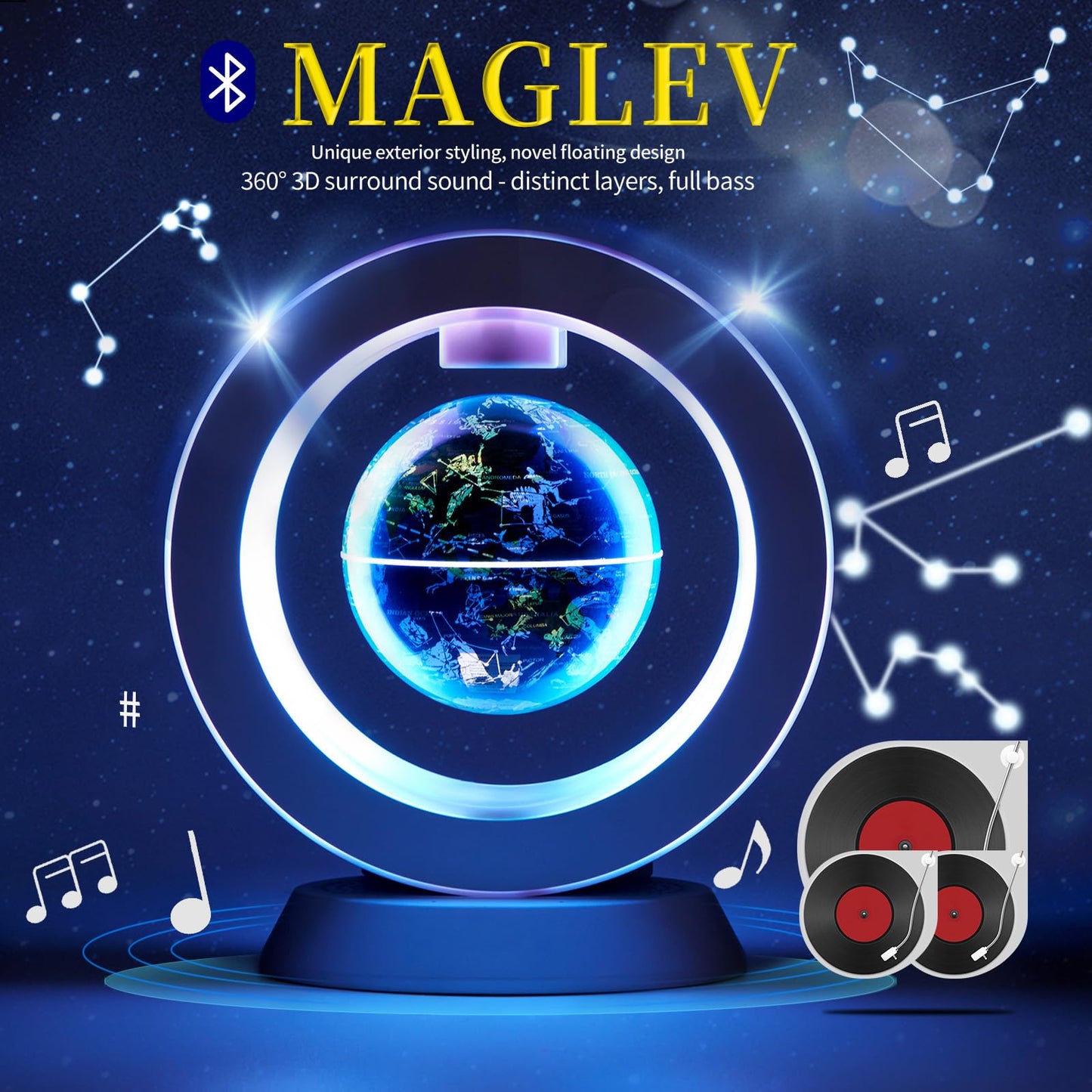 Magnetic Levitation Bluetooth Speaker Constellation Lamp Spinning Floating World Globe for Kids Learning Or Men Boss Office Desk Accessories Decor,Cool Tech Gadgets Unique Desk Toy Gift for Teens