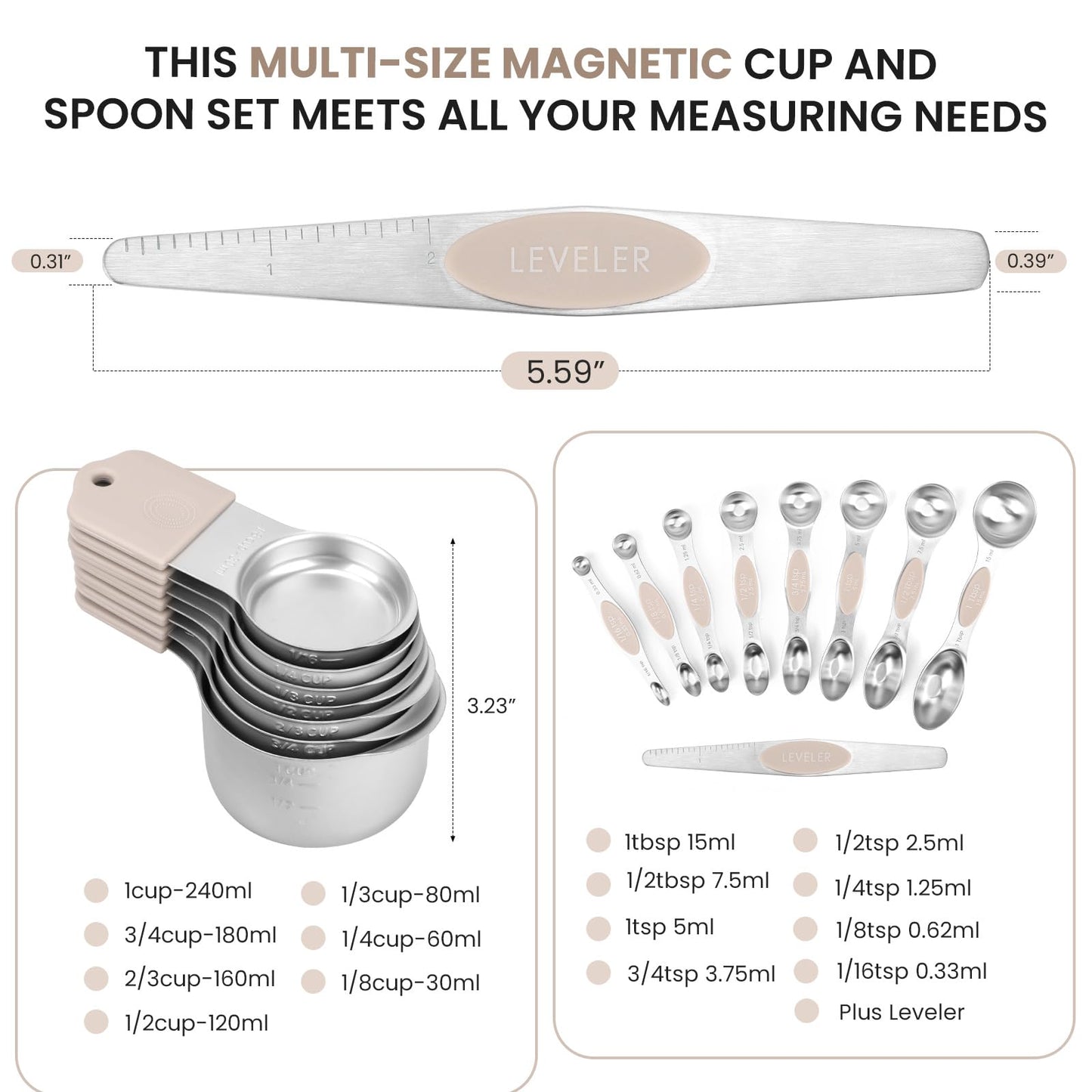 Magnetic Measuring Cups and Spoons Set-Heavy Duty 304 Stainless Steel，Double Measurement Markings，Set of 16 with Leveler for Measure Dry and Liquid Ingredients (khaki)