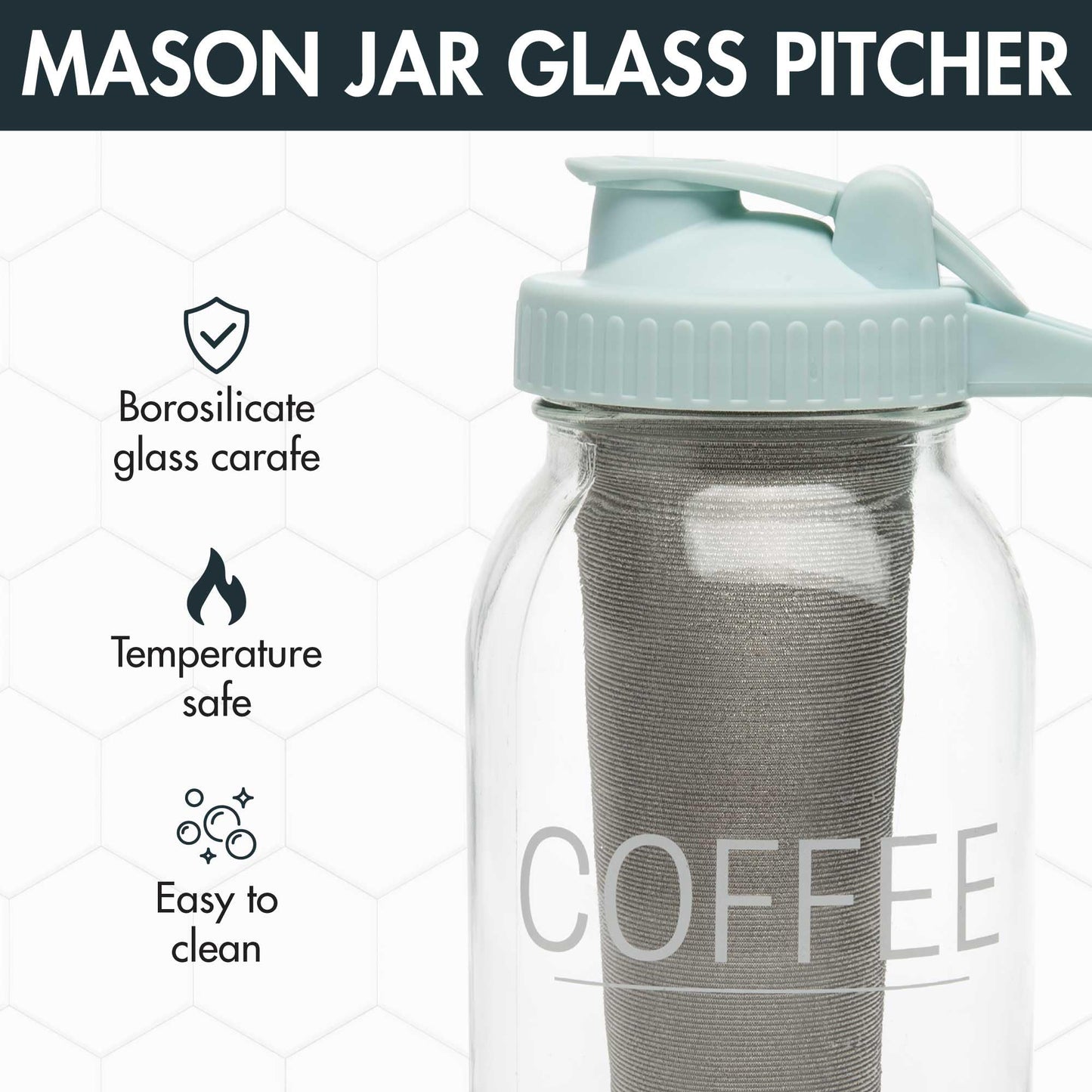 Primula Mason Jar Cold Brew Iced Coffee Maker with Stainless Steel Filter and Easy Pour Lid, Durable Glass Pitcher Fits in Most Fridge Doors, Dishwasher Safe, Made without BPA, 2-Quart, Aqua
