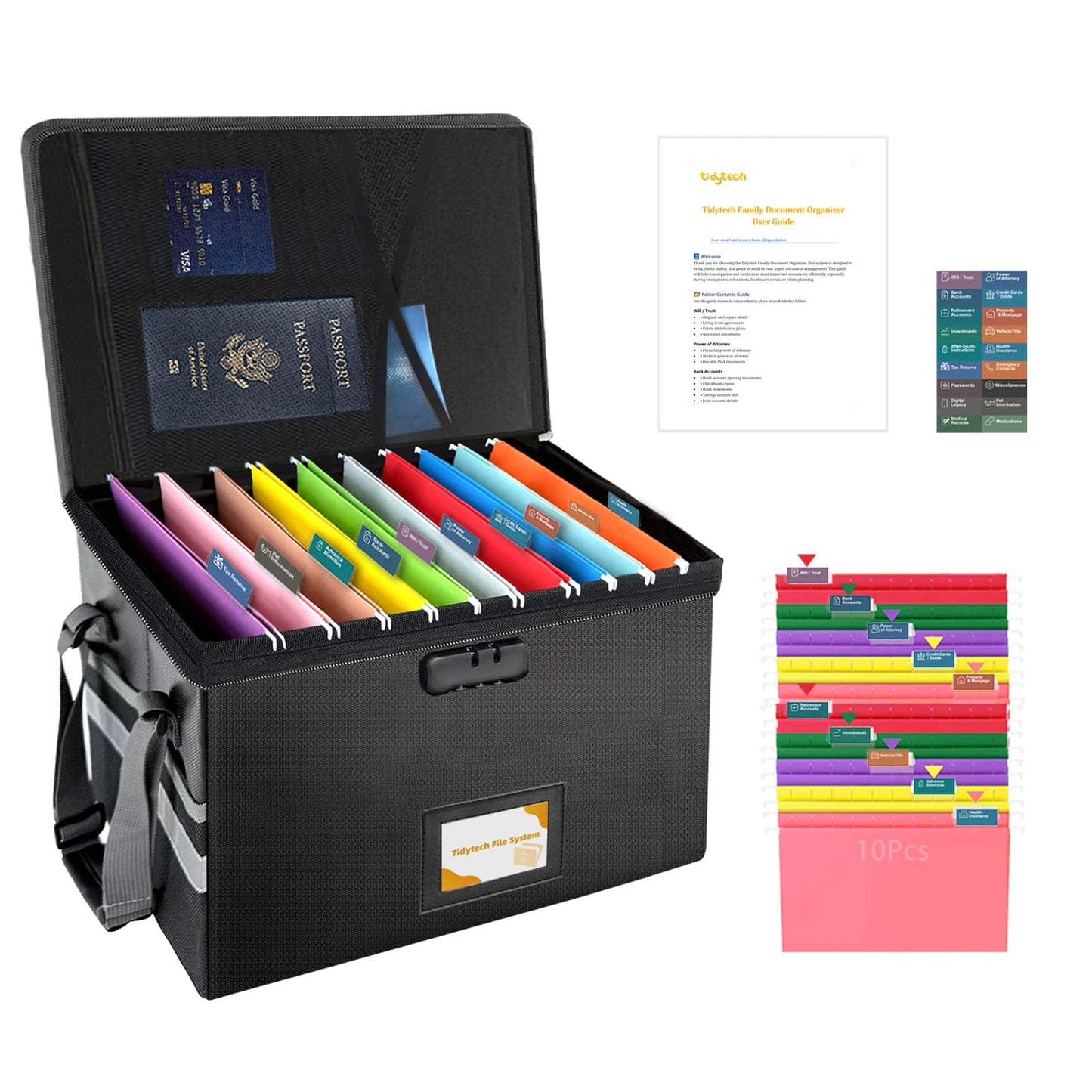 Large Next of Kin Box Organizer with Smart Labels, Fireproof Foldable File Organizer with Combination Lock, 10 Hanging Files and 20 Category Labels for Label Documents(15.7"L×12.2"W×10.6"H)