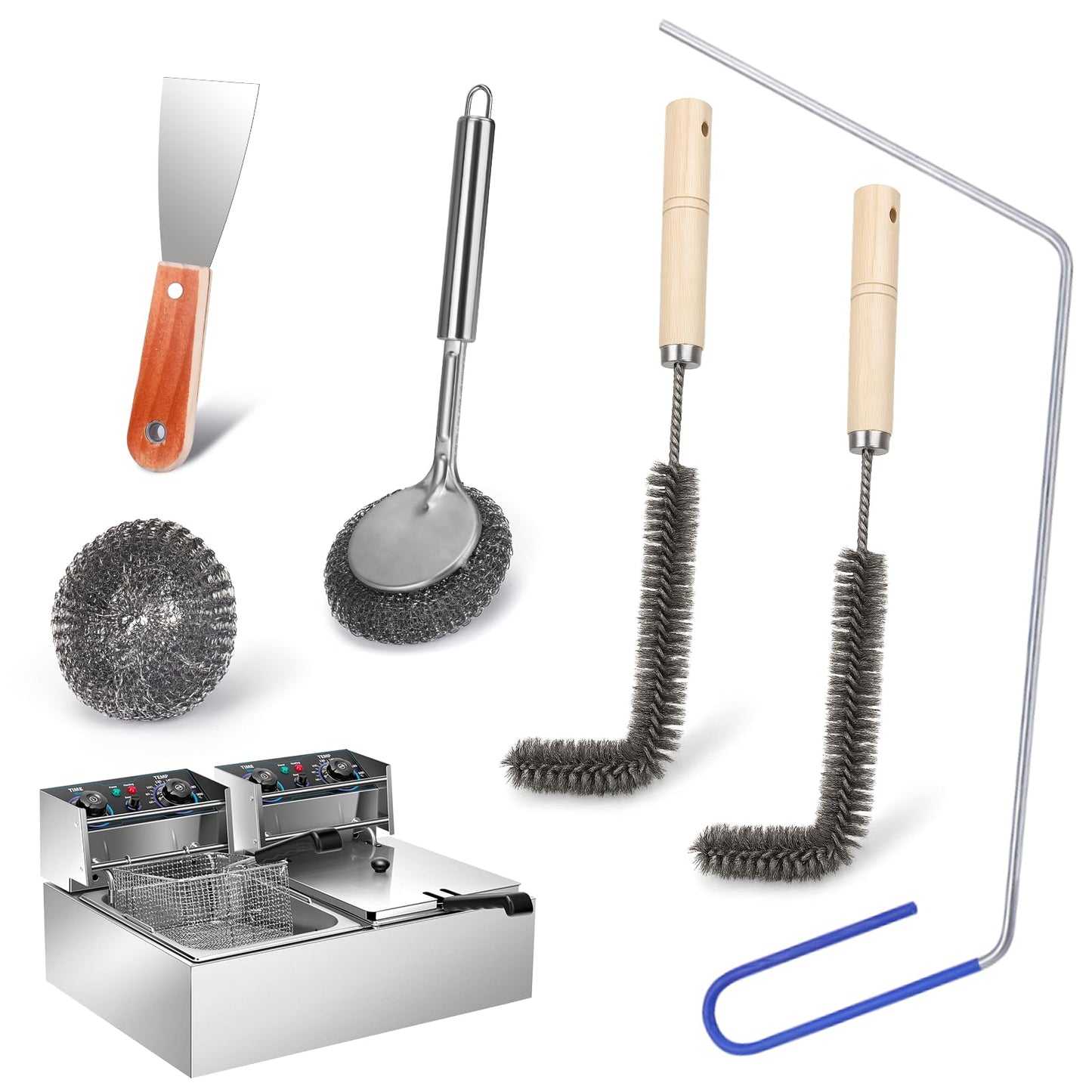 XANGNIER Large Commercial Fryer Cleaning Tools,6 Pcs Stainless Steel Electric Deep Fryer Cleaner Brush for Restaurants,Hotel Kitchen Fryers Deep Cleaning Accessories