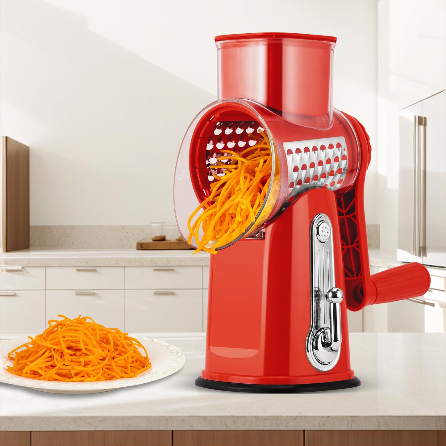 SUSTEAS Rotary Cheese Grater with Handle - Vegetable Shredder with 5 Well-designed Blades & Strong Suction Base,Round Mandoline Slicer & Food Chopper for Kitchen,with Blade Storage Box(Red)