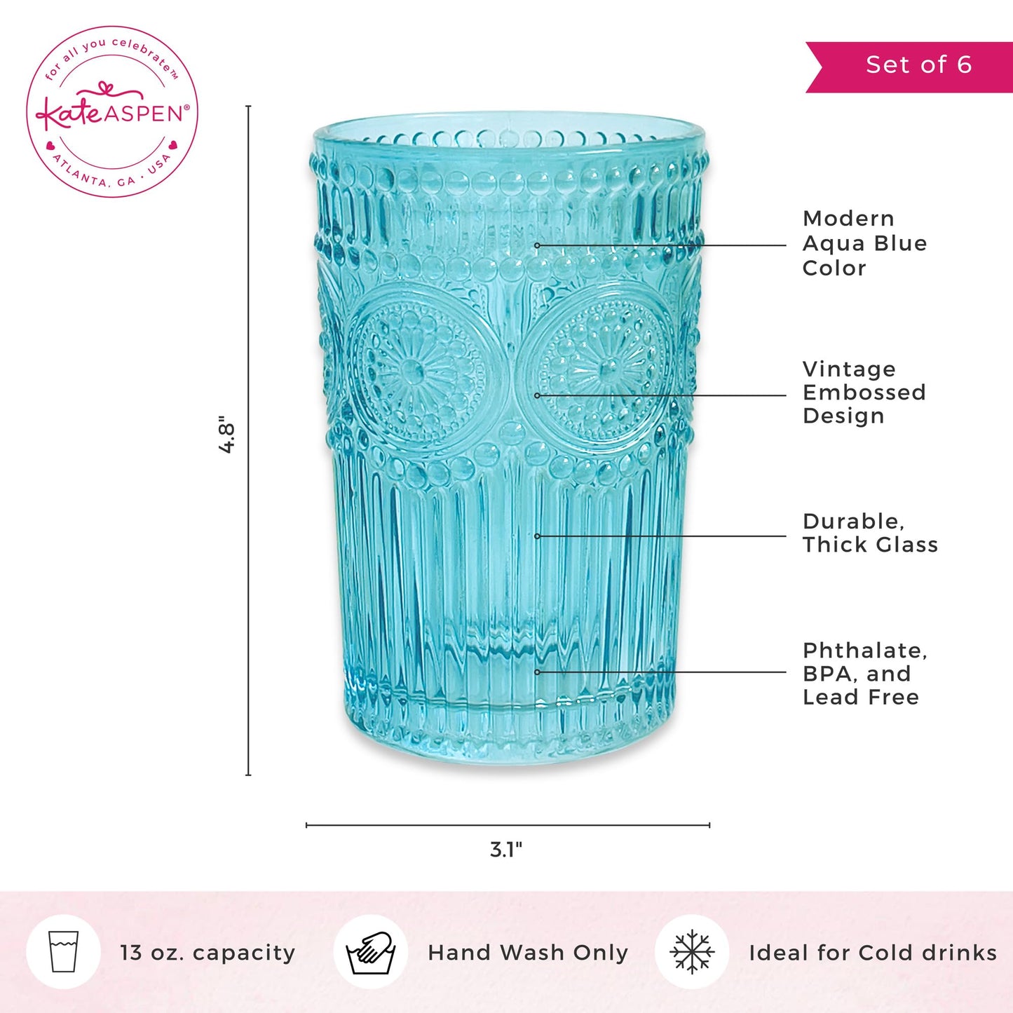 Kate Aspen Vintage Textured Aqua Blue Striped Drinking Glasses Set of 6-13 oz Ribbed Glassware with Flower Design | Cocktail Set, Juice Glass, Water Tumbler