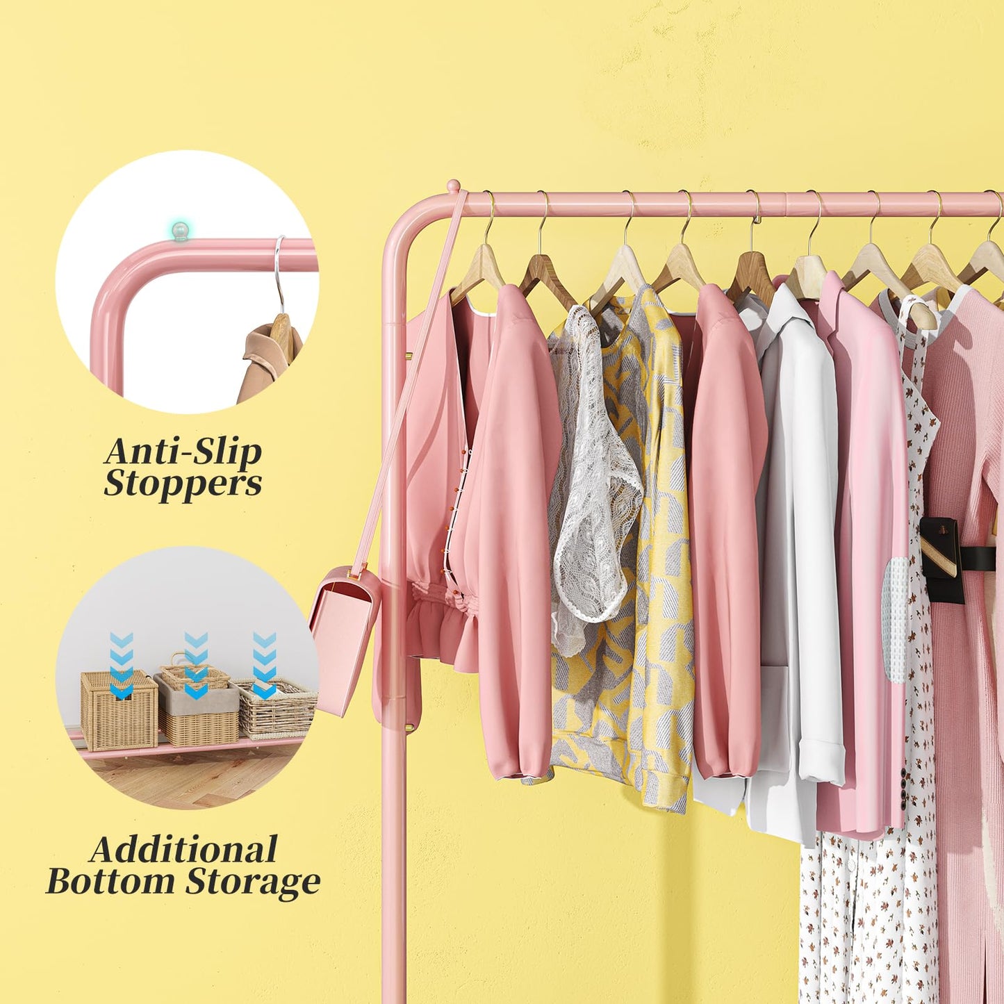 Simple Trending Standard Clothes Clothing Garment Rack with Storage Shelves, Rolling Clothes Organizer on Wheels for Hanging Clothes, Pink
