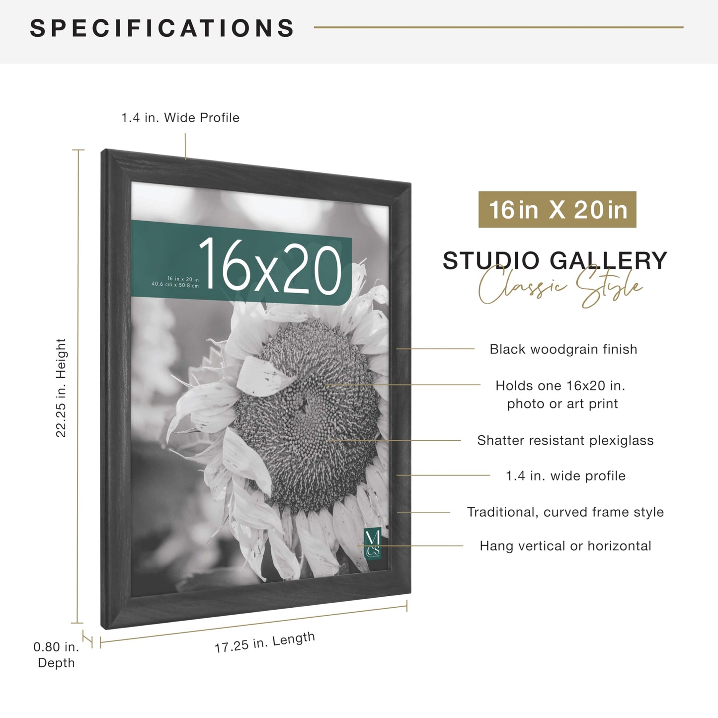 MCS Studio Gallery Classic 16x20 Poster Frame Black Woodgrain Engineered Wood, Vertical & Horizontal Wall Hanging Large Picture Frame for Photos, Posters & Art Prints (1-Pack)