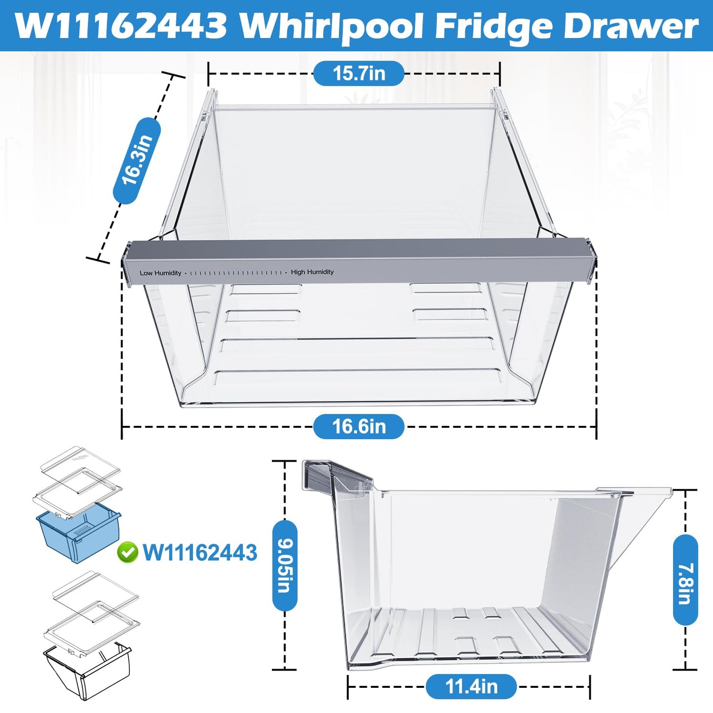 UPGRADED W11162443 Refrigerator Crisper Drawer For Whirlpool Crisper Drawer Replacement WRS325SDHZ WRS315SDHZ WRS315SDHM,Maytag Whirlpool WRS315SDHZ02 WRS315SDHZ05 WRS315SDHZ08 Fridge Drawer Parts