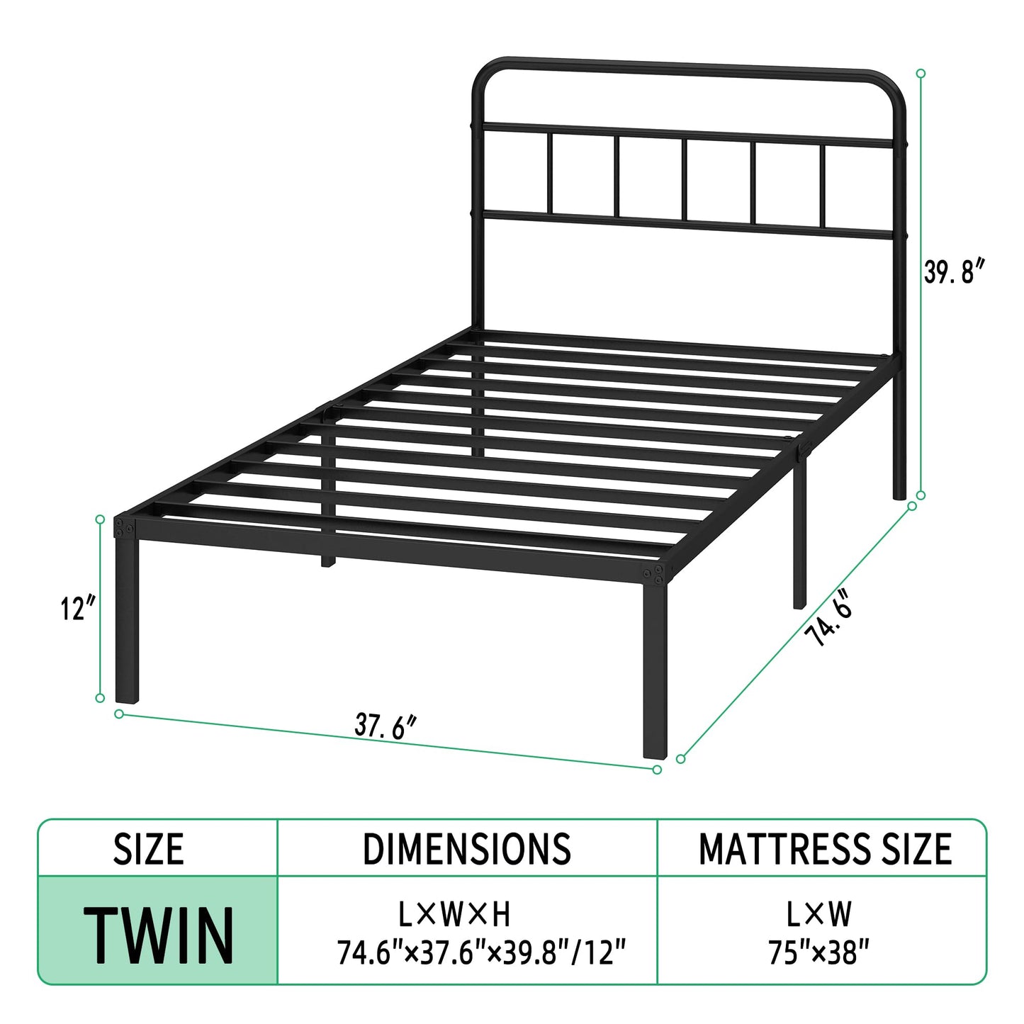 Ziguxiao Twin Bed Frame with Classic Headboard,Strong Metal Slats Support,Under Bed Storage Space,No Box Spring Needed,Easy to Assemble,Black