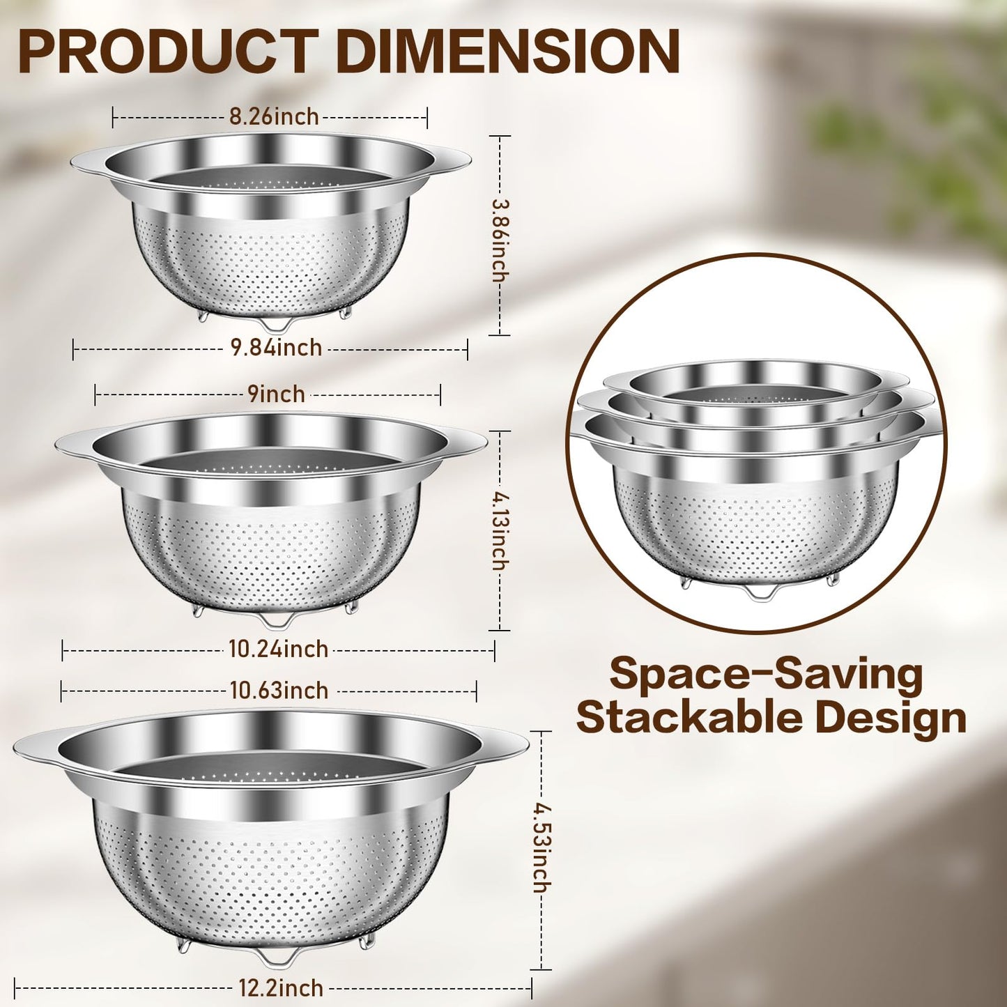 Stainless Steel Colander for Kitchen, Stainless Steel Strainer, Pasta Strainer for Spaghetti Fruit Cooking Food, 3 Pcs Strainers and Colanders(2QT, 3QT, 5QT), Dishwasher Safe, Kitchen Present