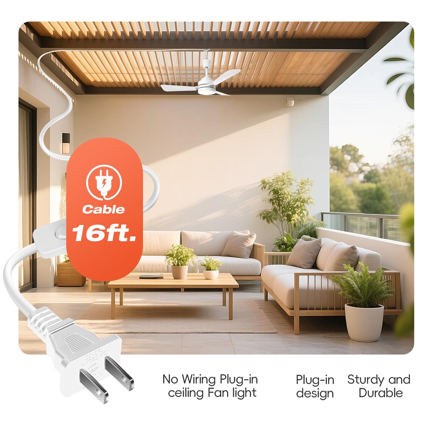PBLALA Ceiling Fans with Lights,28" LED Fan Light Hanging with Hook,Hook Type Ceiling Fan,Plug in Ceiling Fan Light,35W,3000-6500k,Remote Control,Portable Fan for Camping Bed,Patios,(White)