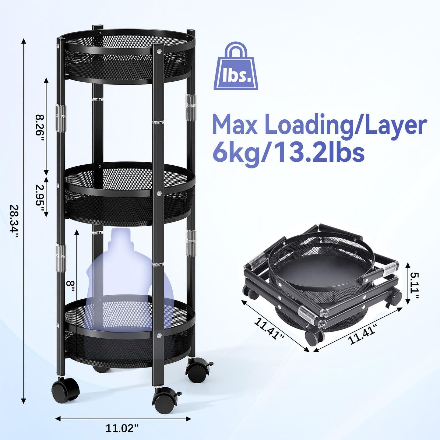 TOOLF 3-Tier Foldable Rolling Cart, Collapsible Metal Utility Cart with Wheels, Assembly-Free, Round Storage Organizer Trolley for Kitchen, Bathroom, Dorm, Nursery, Black