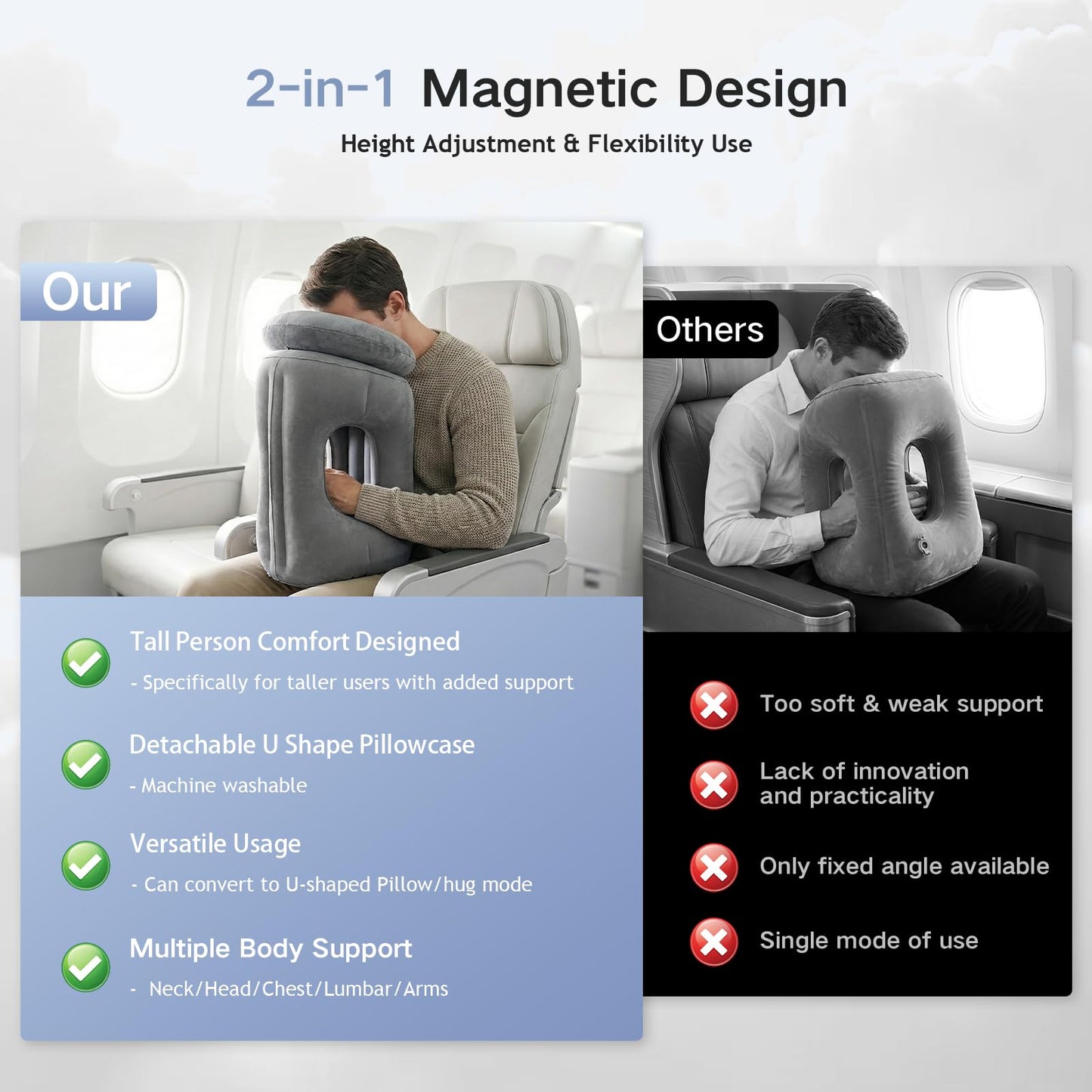 Werfeito 2-in-1 Magnetic Design Inflatable Travel Pillow, Ergonomic Neck Support Airplane Pillow for Flying, Compact Camping Pillow with Storage Bag for Home Nap & Car Travel (Grey)