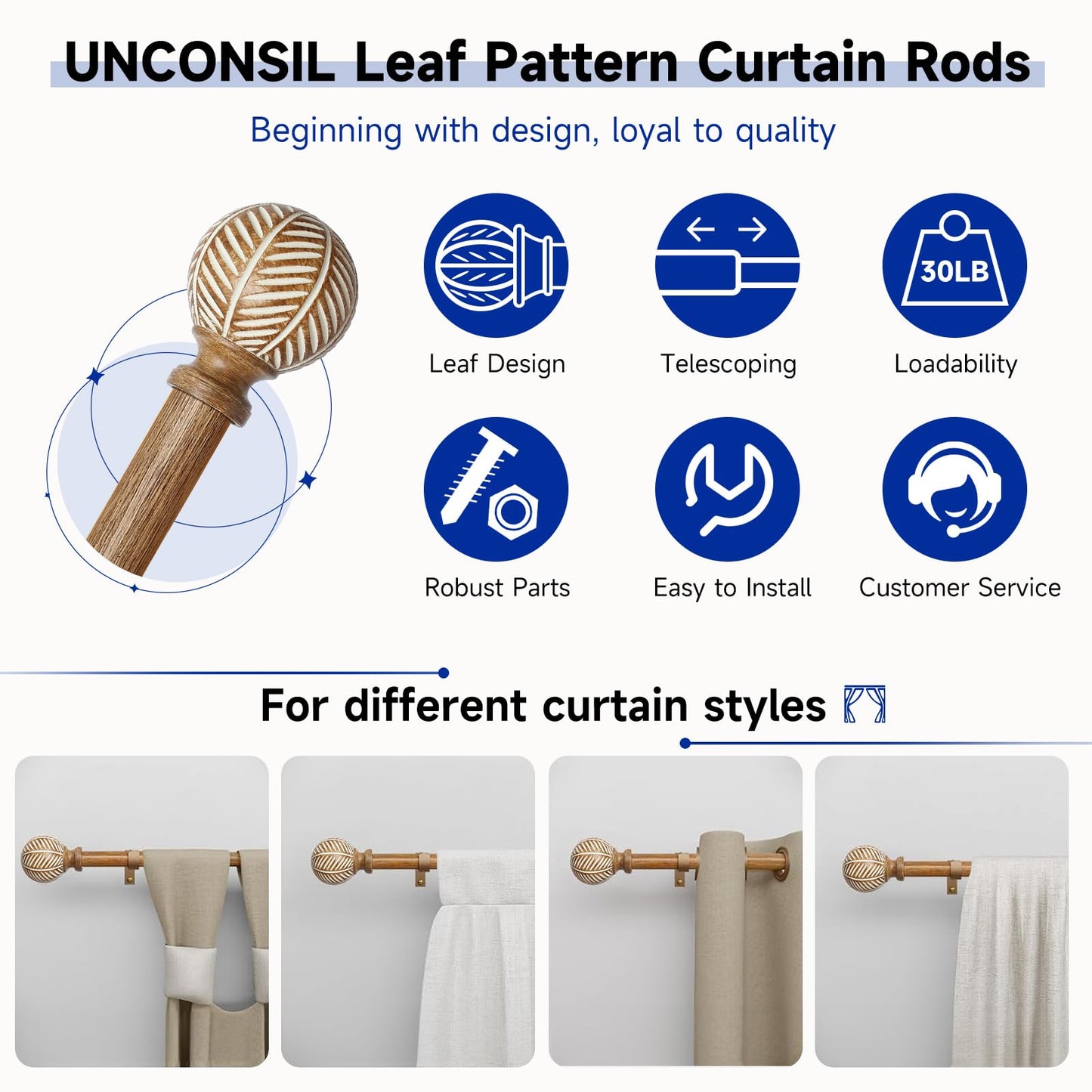 Wood Curtain Rods for Windows: 1 Inch Diameter Adjustable Drapery Rods 48" to 86", 2 Pack Heavy Duty Window Rod with Imitation Wood Grain Leaf Pattern Finials