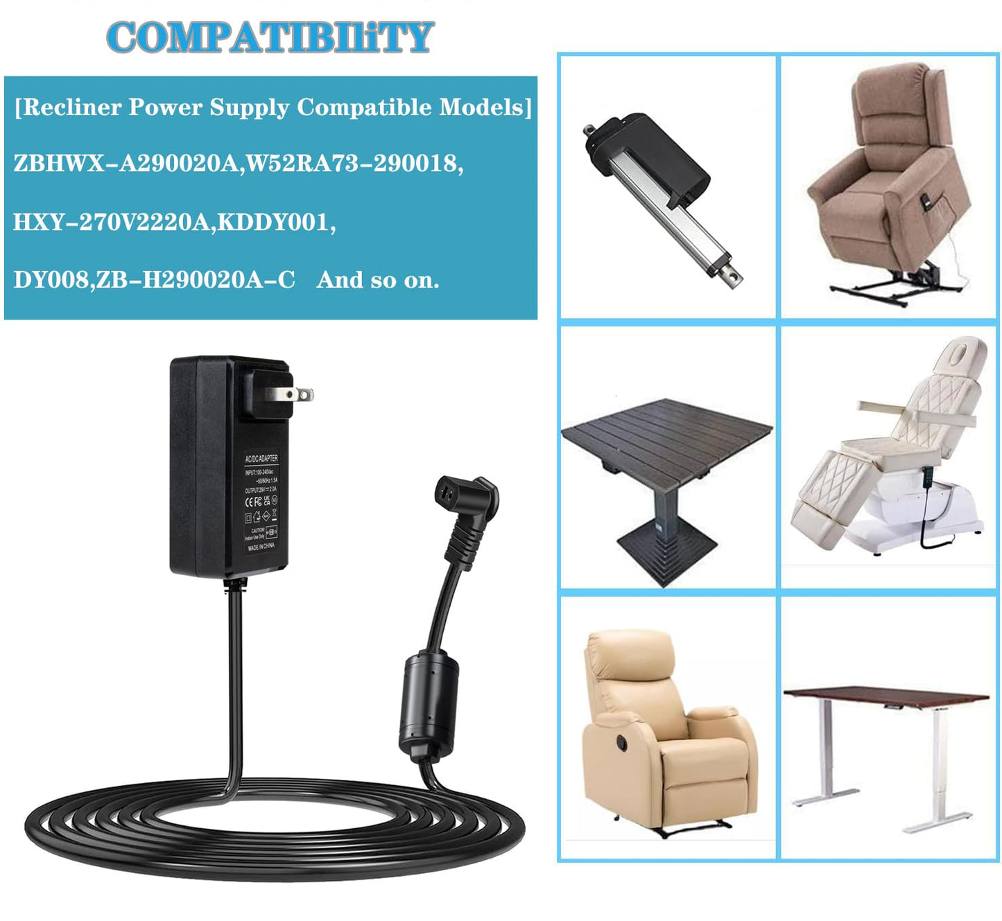 29V2A wall mounted plug-in recliner power supply, universal power supply for lift chairs, recliner sofas, compatible with most brands and models FS2900-2000 ZB-H29002A-C ZBPOWER, with L-shaped adapter