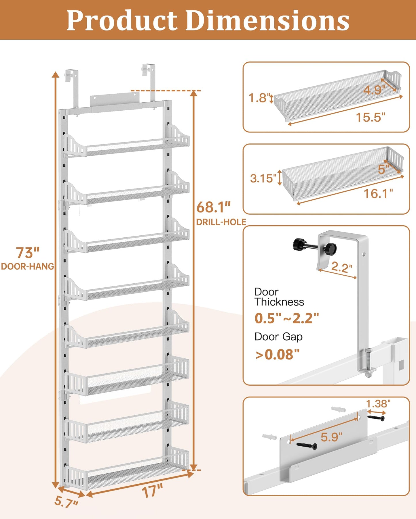 POKIPO Over the Door Pantry Organizer 8-Tier, Large Metal Door Spice Rack with Adjustable Basket, 2 in 1 Wall Mount or Hanging Heavy-Duty Pantry Door Storage Shelf for Kitchen and Bathroom, White