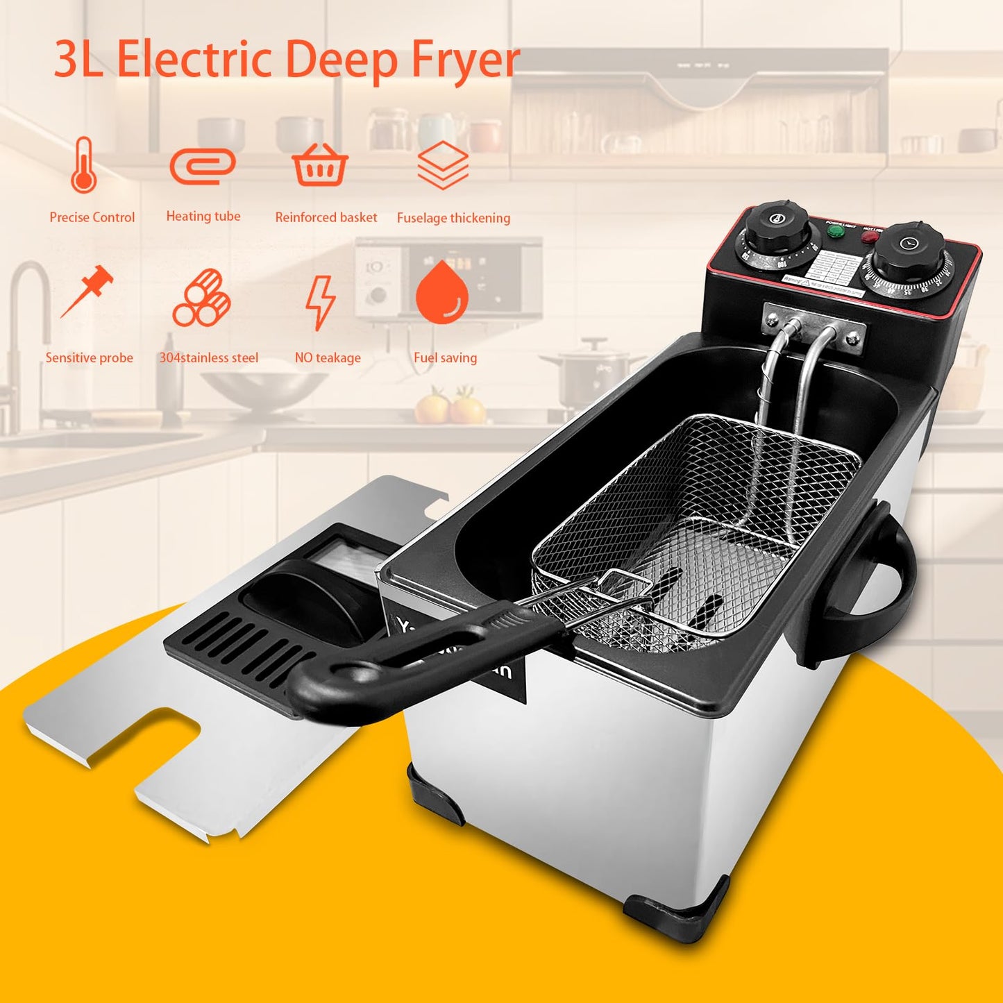Yangbowan 3L Deep Fryer with Basket for Home, 1300W Electric Small Deep Fryer with Temperature Control, Timer Control, View Window Lid, Stainless Steel Body for Restaurant Use