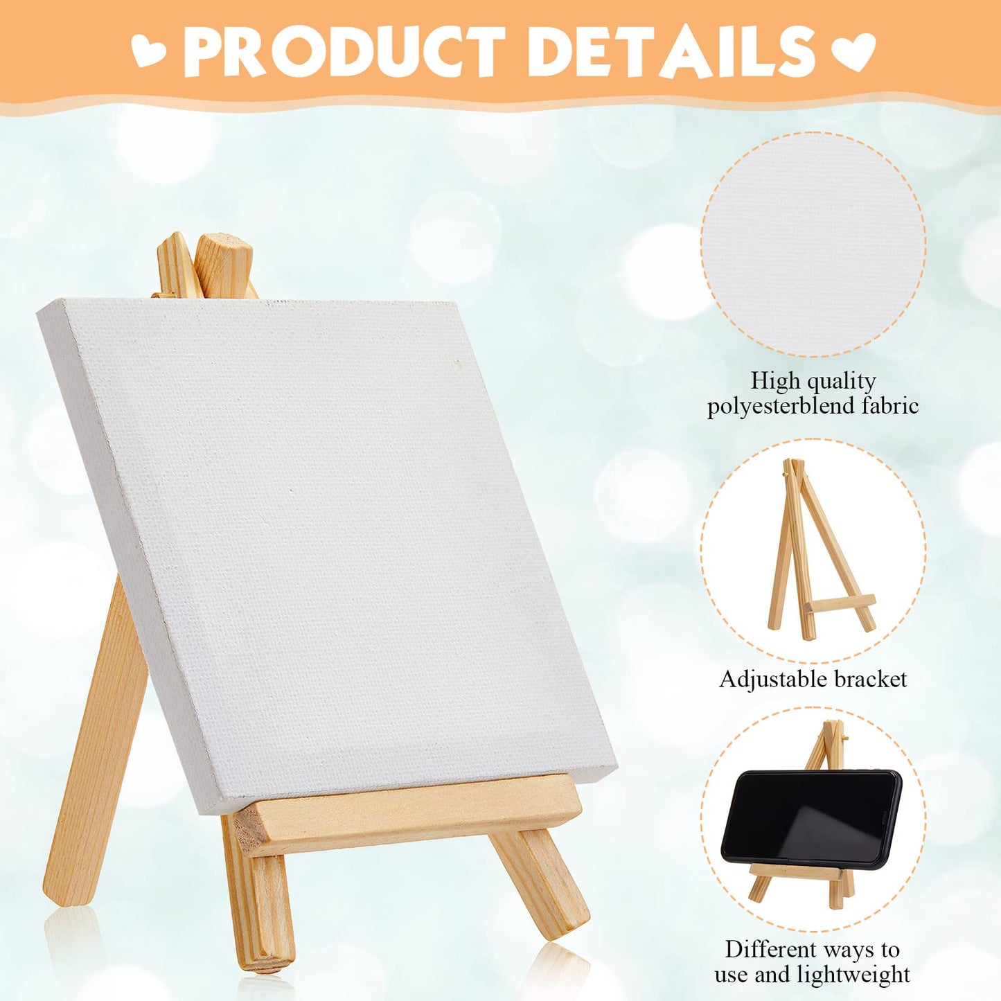 Mimorou 32 Pack Mini Canvas with Easel Sets for Painting Small Art Stretched Canvas Panels Pack with Sturdy Wood Display Easel for Kids Classroom Crafts End of The Year Gifts (6 x 6 Inch)