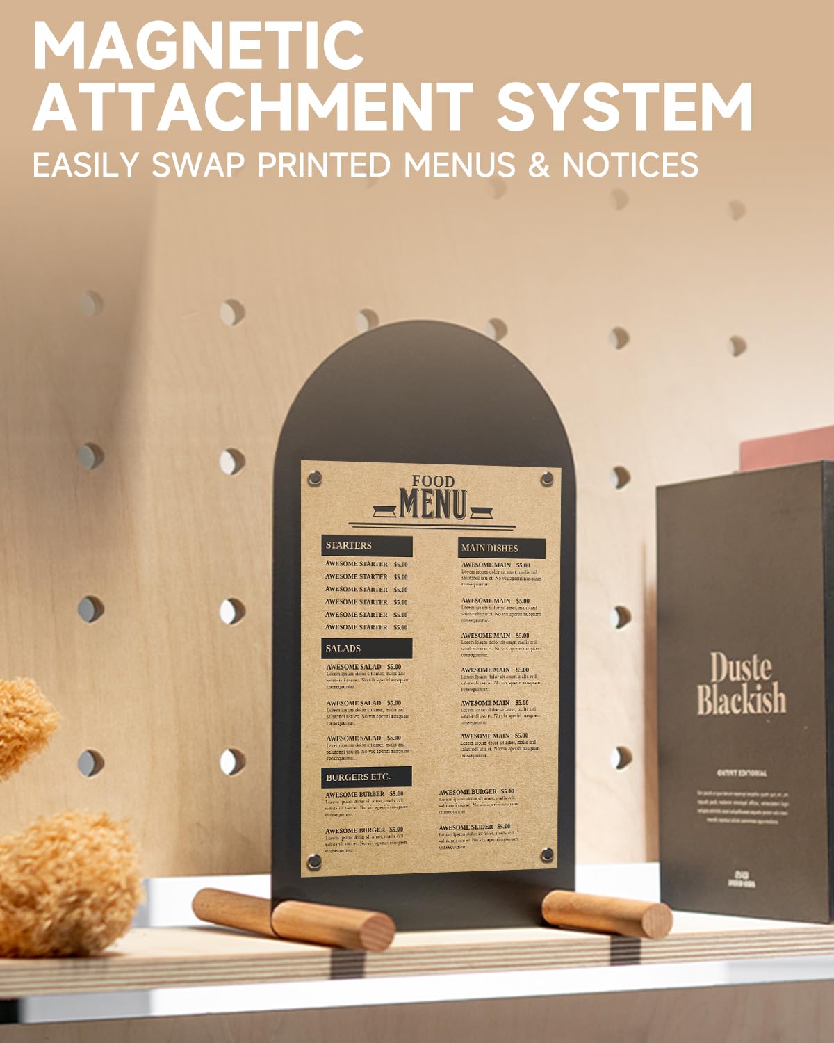 Metal Tabletop Menu Stand with Magnetic Holders and Chalk Writable Surface, Reusable Cafe Display Board with Wooden Base for Restaurant Bakery Retail Counter Menu, Daily Specials and Price Signs