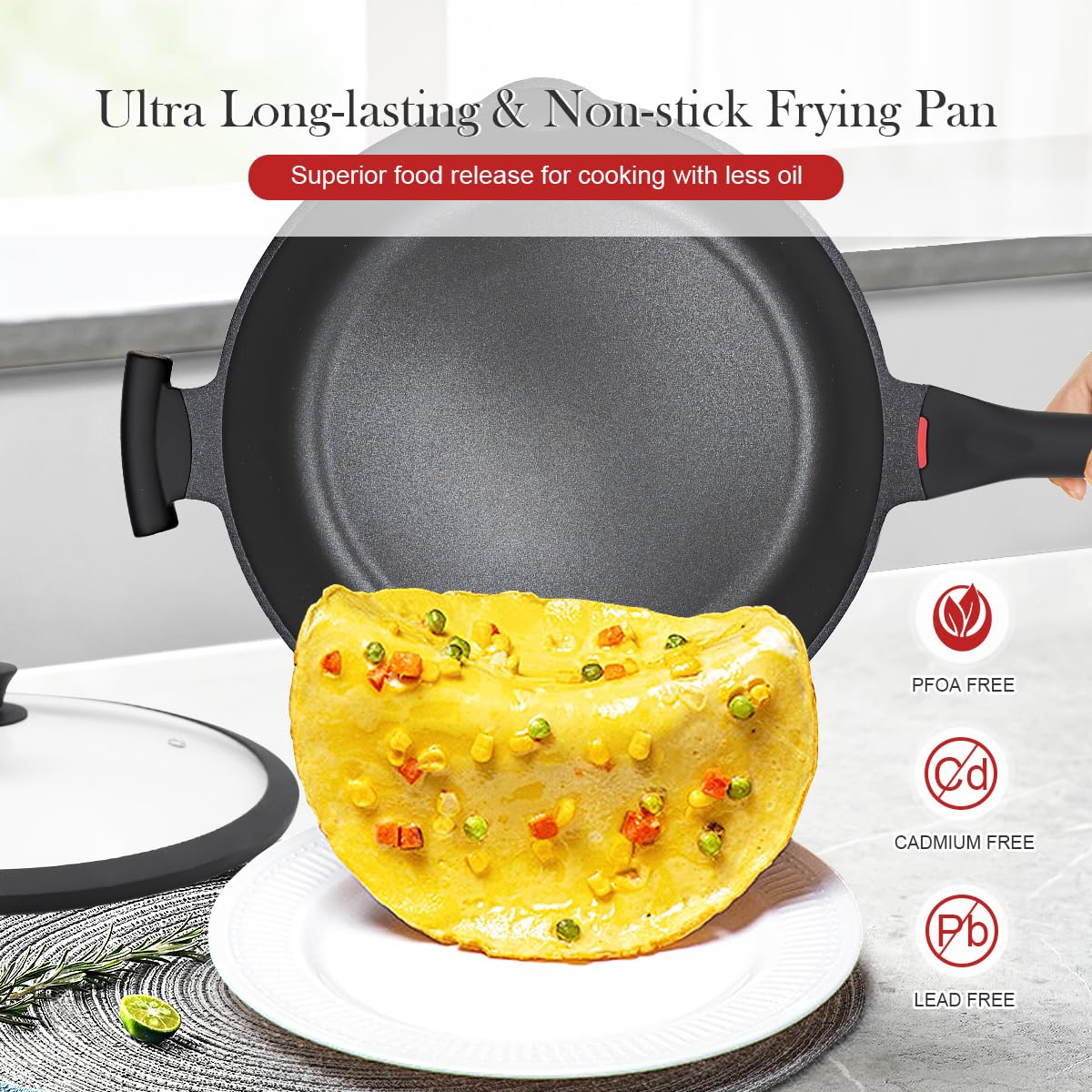 Bobikuke 14-Inch Large Deep Frying Pan Skillet with Lid, 5-Quart Non stick Saute Pan, 2-In-1 Nonstick Sauté Pan Everyday Pan with Lid, Compatible with All Stoves, PTFE & PFAS-Free