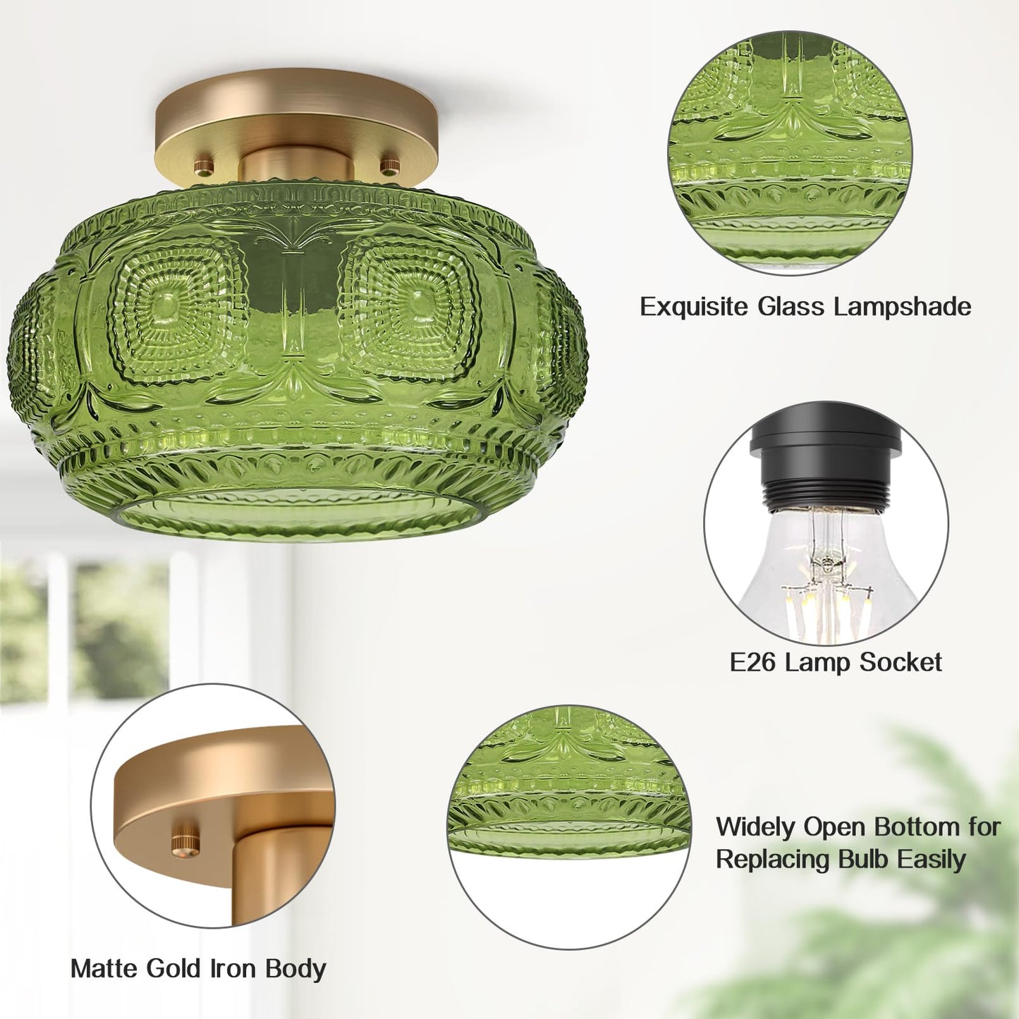 OYKYOHEI Semi Flush Mount Ceiling Light, Green Globe Glass Ceiling Light Fixture, Art Deco Kitchen Lighting fixtures Ceiling for Hallway Porch Corridor Bedroom, Bulb Not Included