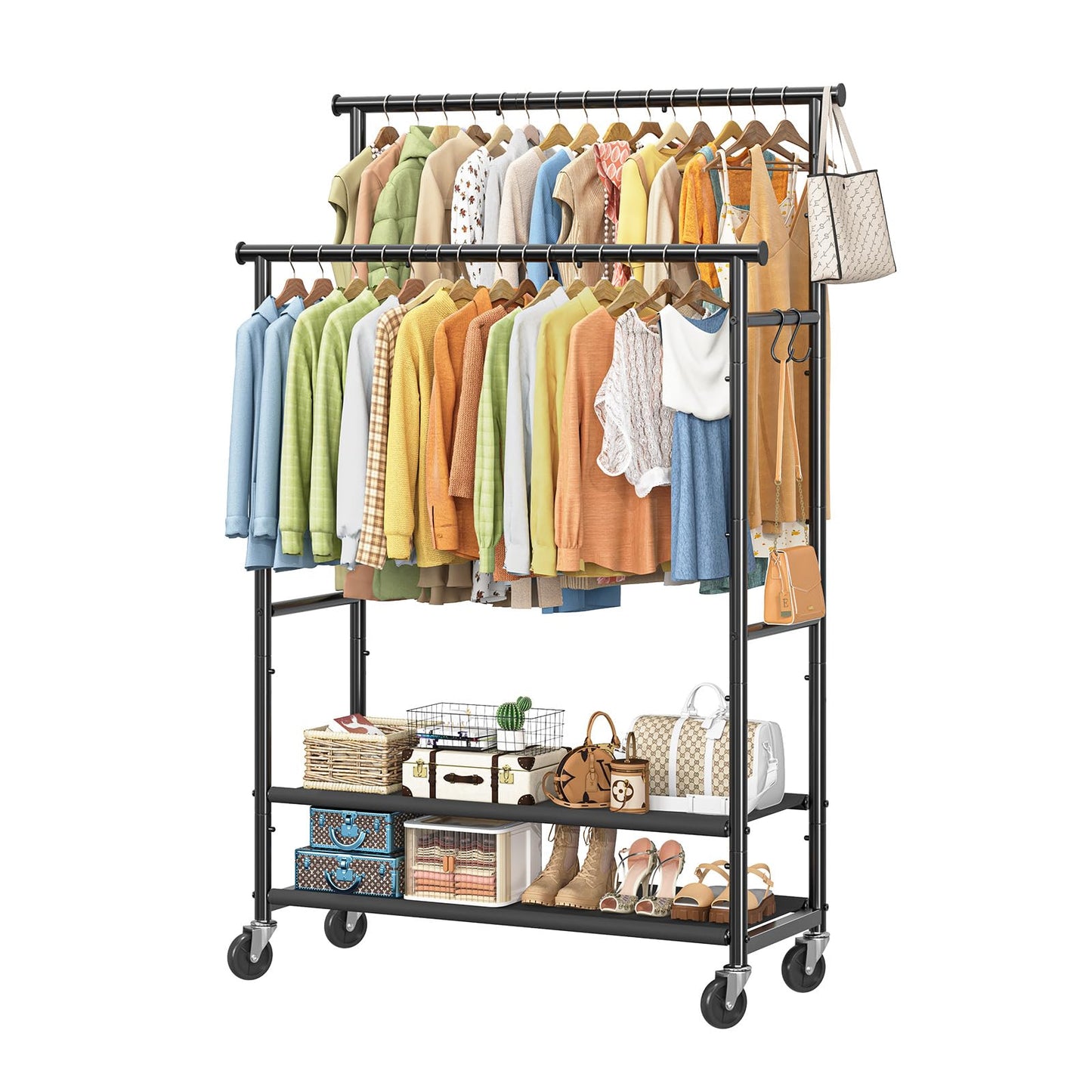 Ekisemio Double Rods Clothes Rack for Hanging Clothes, Rolling Clothing Rack with Wheels, 2-Tier Hanging Rack with Mesh Shelves, Holds 300 LBS for Bedroom, Laundry, Living Room, Black