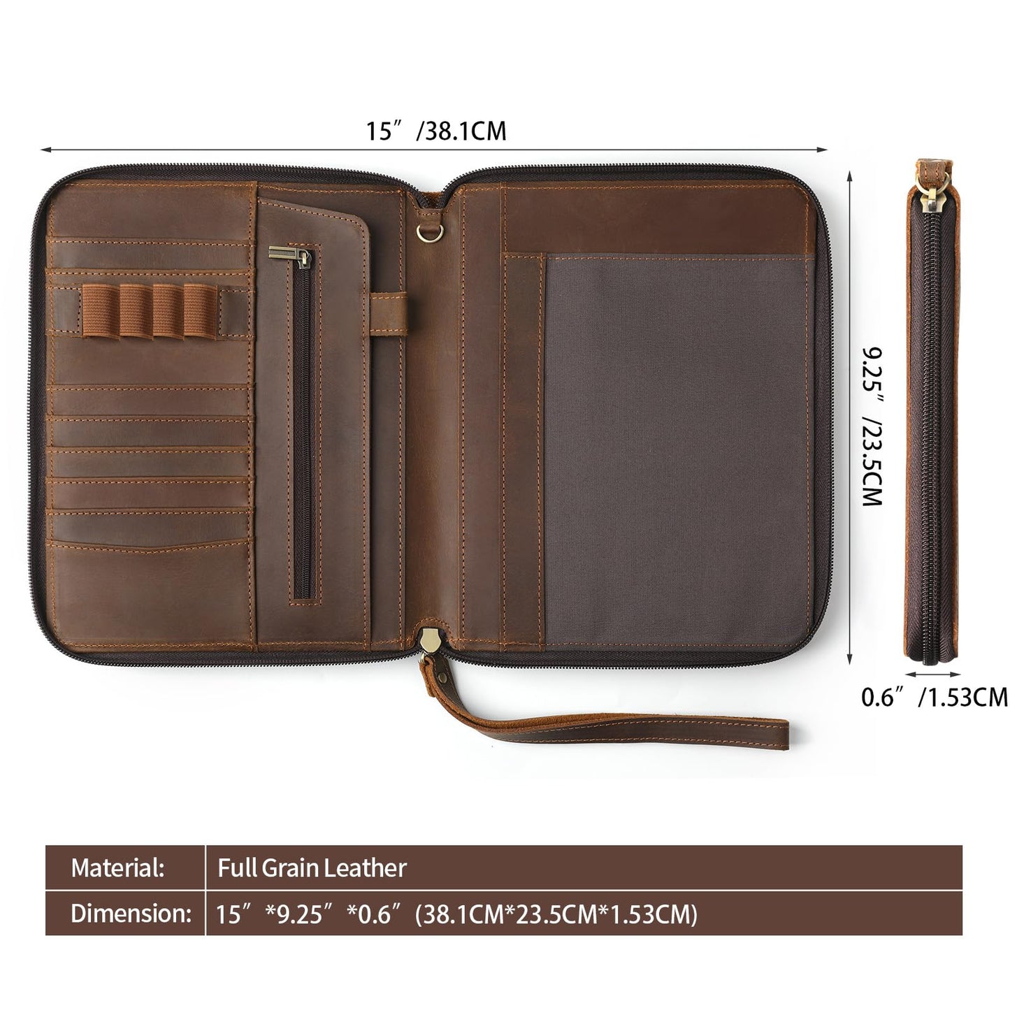 Ringsun Genuine Leather Portfolio with Zipper, Padfolio Portfolio Organizer Folder for Men Women, Professional Business Card Holder for A5 Letter Size Notepad, Resume, Writing Pad, Pen Loop