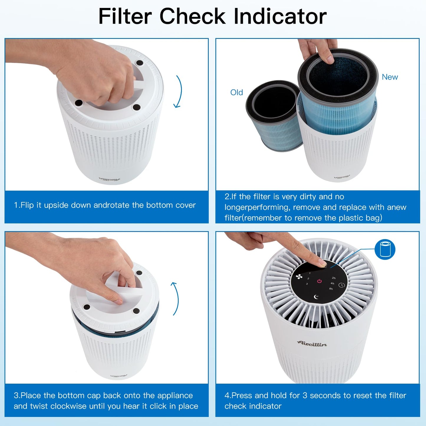 Aircillin Air Purifier AP070A & AP070B Replacement Filters, Efficiency Activated Carbon, High-efficiency HEPA Filter, 4 Pack