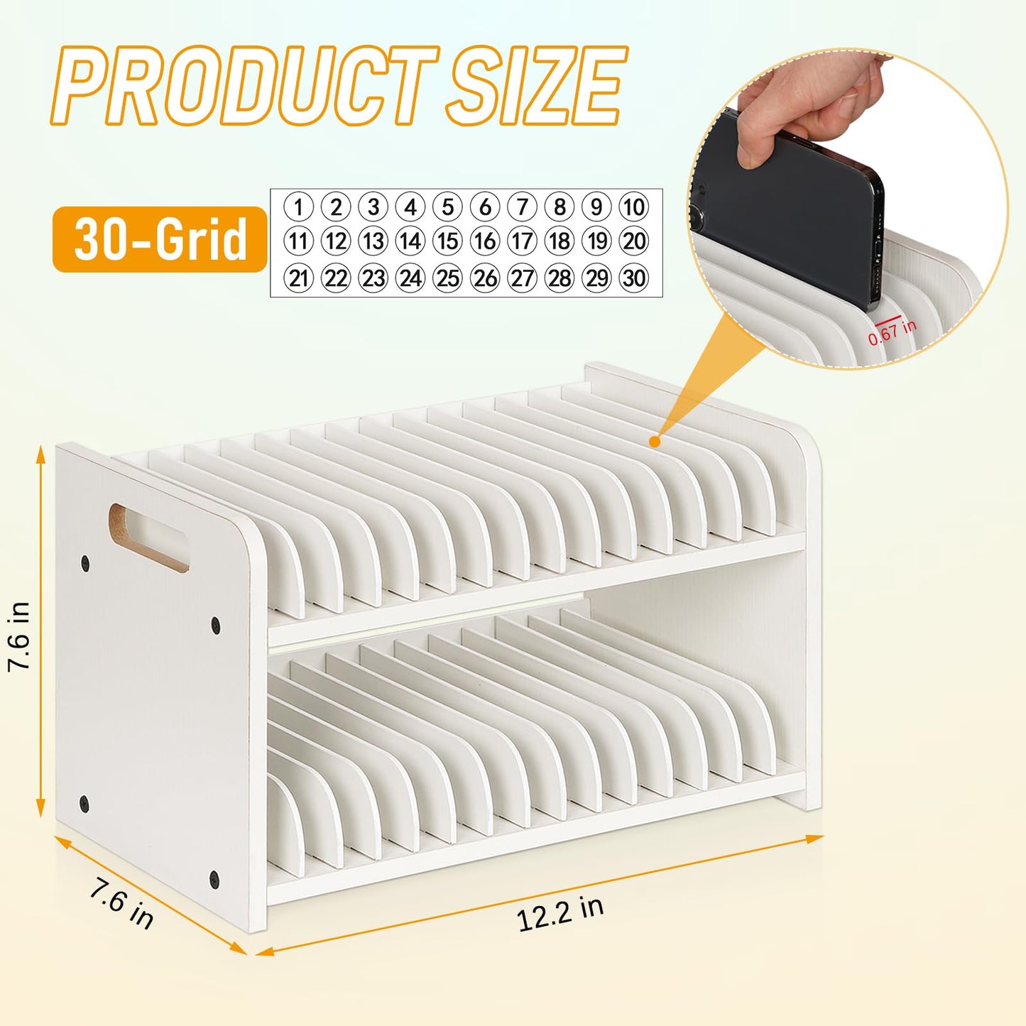 Ozzptuu Cell Phone Storage Classroom Cell Phone Holder Adjustable Wooden Multiple Rack Caddy Organizer Box for Classroom Office Desktop with 1-30 Number Stickers (30-Grid) (White)