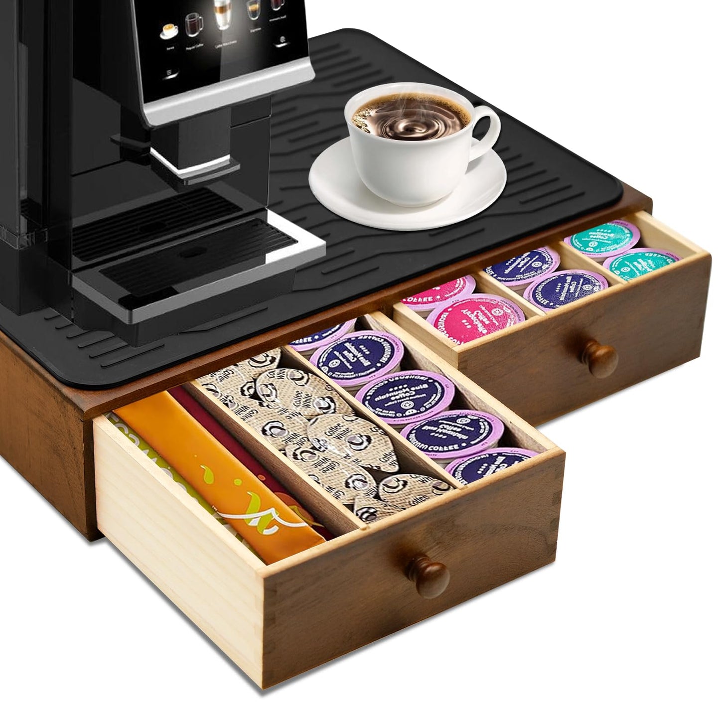 Wooden Coffee Pod Drawer,Holders for Counter with 2 Drawers and Silicone Non-Slip Pad, Drawer Organizer (30 Pod Capacity)
