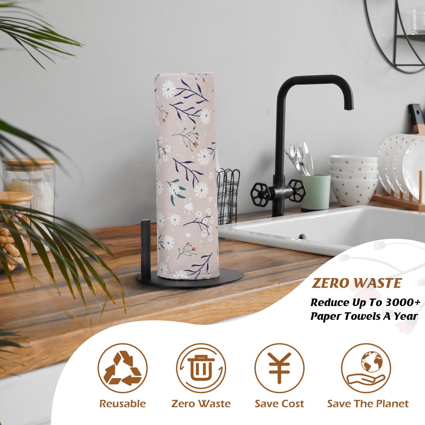 Poyday Paper Towels Washable Roll: 25Pack Cotton Cloth Paper Towels 11.8x11.8In Absorbent Soft Flannel Paperless Towels Alternative for Kitchen Reusable Napkins Zero Waste (Flower, Large)