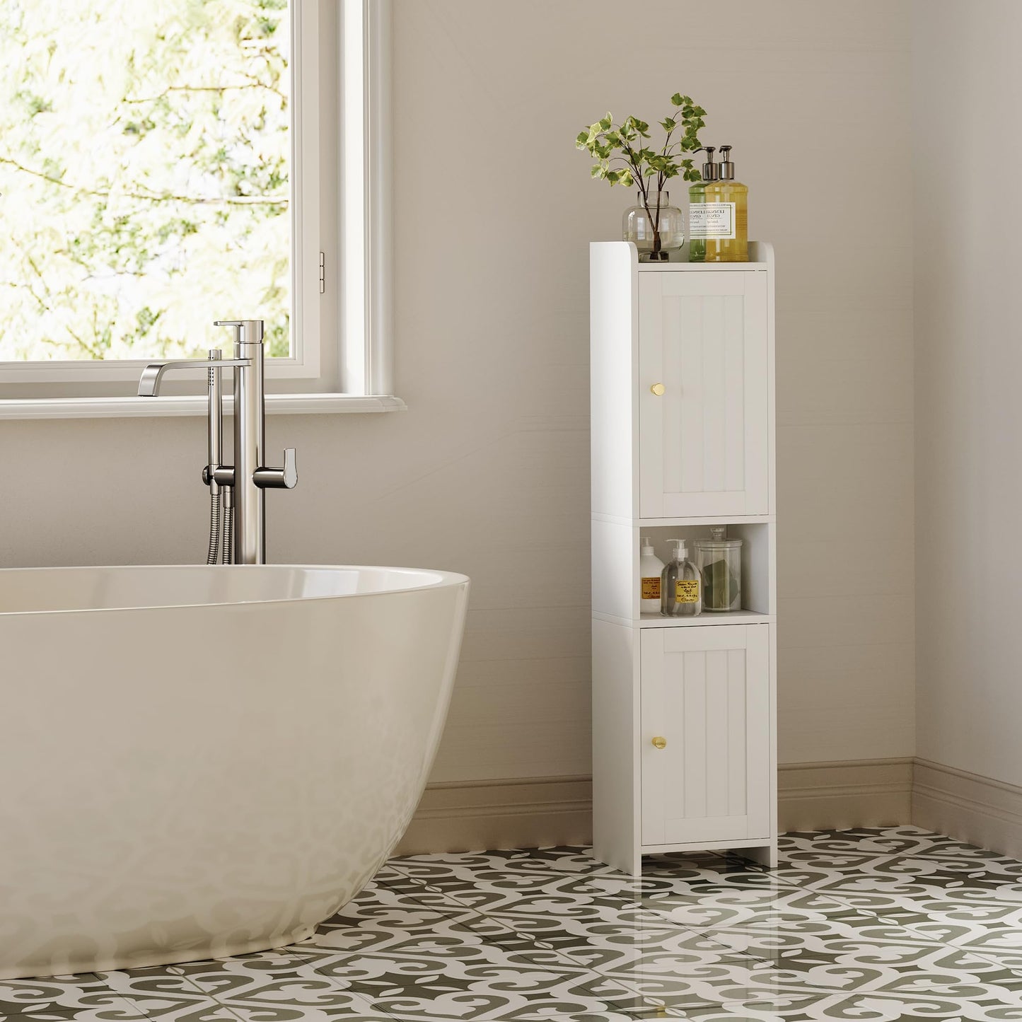 GLANZALANT Bathroom Cabinet with 2 Doors, 7.3 x 9.8 x 40.4 Inches, Small Freestanding Storage Cabinet with Adjustable Shelf, Floor Cabinet for Small Spaces, Bathroom, Entrances, Kitchen, White