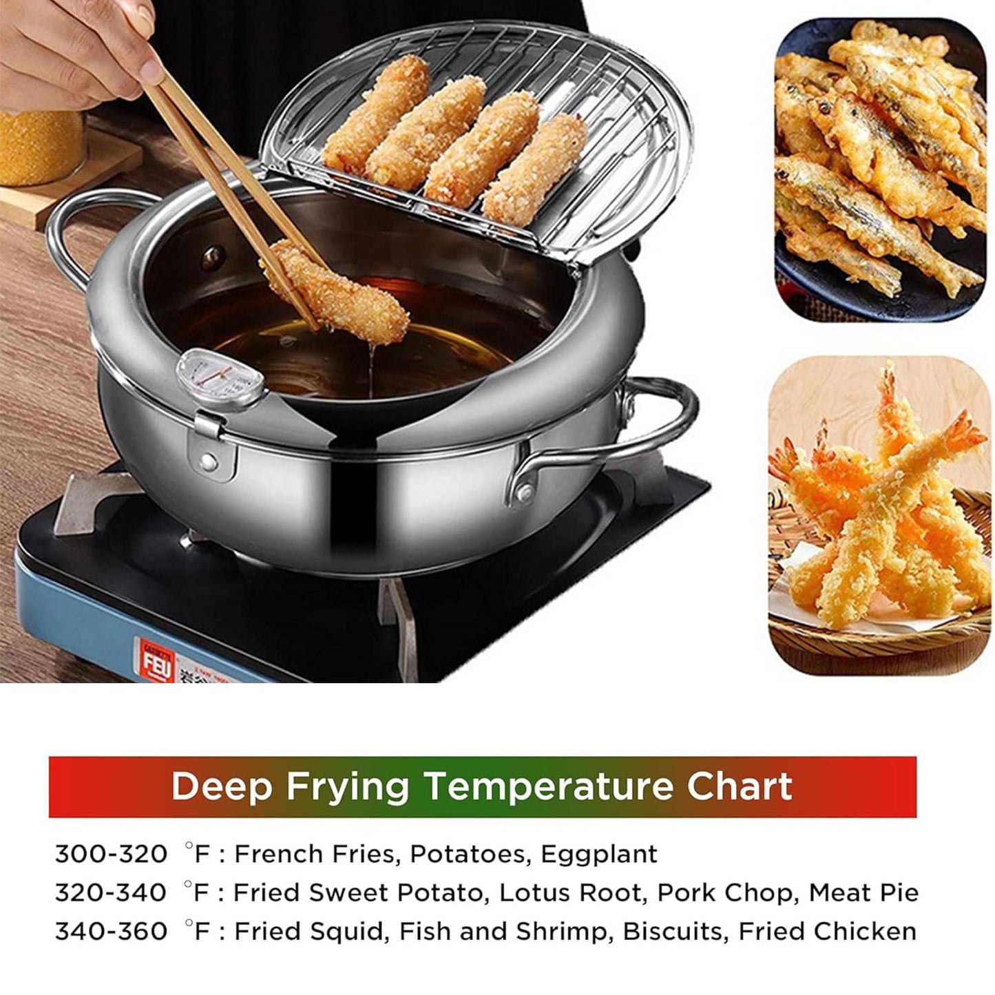 Deep Fryer Pot 11 Inch Large Stove Top with °F Temperature Control and Oil Drip Drainer Rack for French Fries Chicken Japanese Tempura