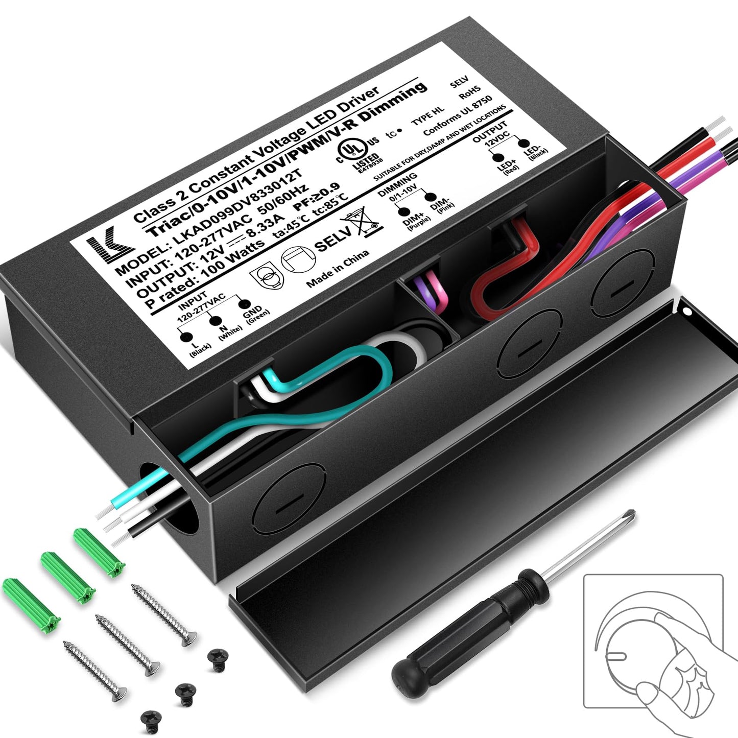12V 100W Dimmable LED Driver, 5-in-1 Triac/ELV/MLV/0-10V/1-10V/PWM/V-R Dimming AC to DC Power Supply, IP67 Waterproof LED Transformer, UL Listed, Compatible with Lutron & Leviton Dimmer