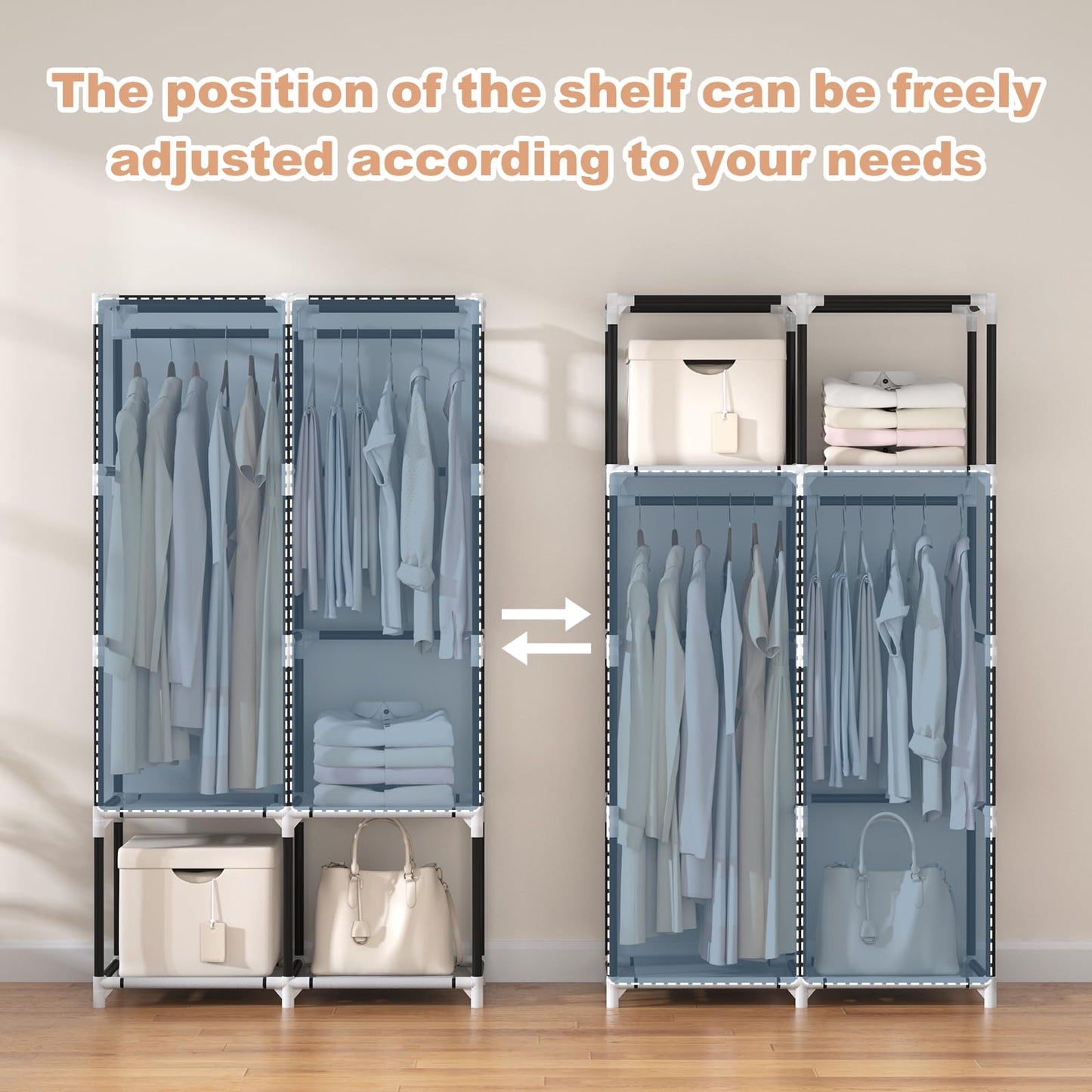 VTRIN Portable Closet Wardrobe Closet for Hanging Clothes with 4 Storage Shelves, 2 Hanging Rods and 6 Pockets, Stable and Easy Assembly Clothes Rack with Cover Free Standing Closet for Bedroom, Black