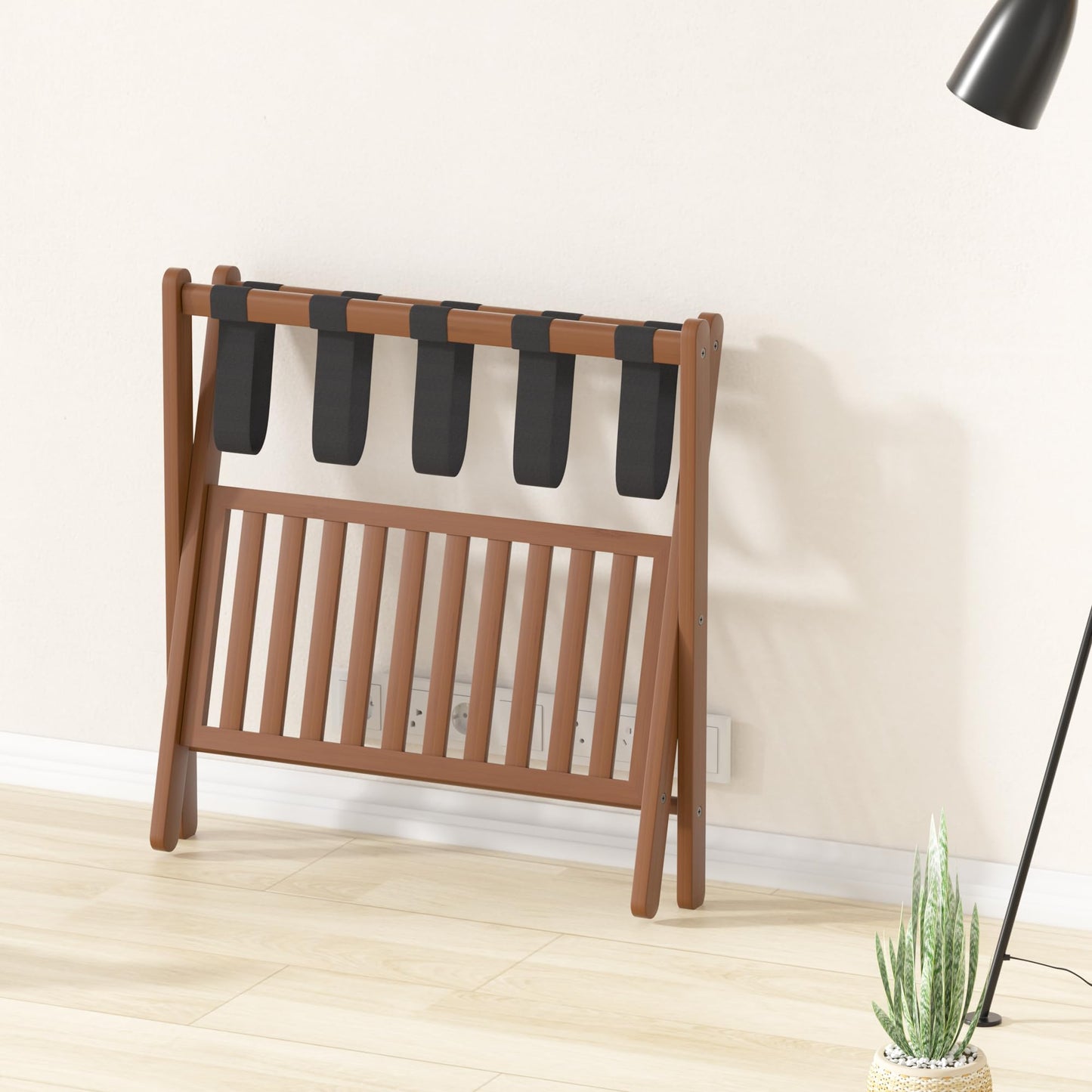 Natuvite Luggage Racks Suitcase Stand Foldable With Storage Shelf For Guest Room Hotel Essentials Solid Bamboo Heavy-Duty Item Holder Chestnut Brown