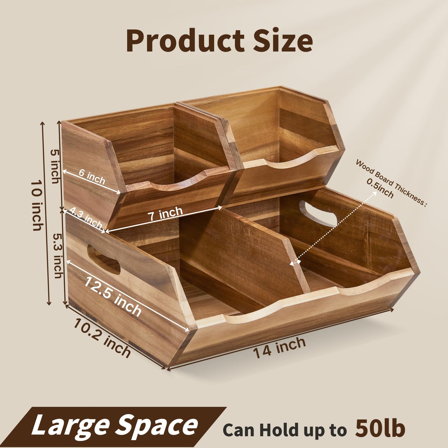 ICOHOT Acacia Wood Pantry Storage Bins, Stackable Storage Baskets Potato and Onion Storage Bins, Pantry Organizer Wooden Baskets Organization and Storage, Set 3 Pieces