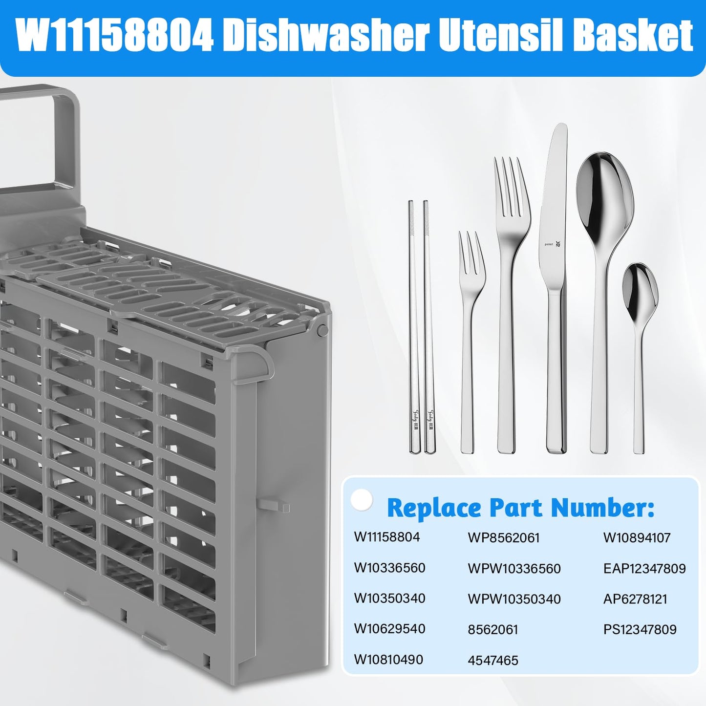 UPGRADED W11158804 Dishwasher Silverware Basket Compatible with Whirlpool Dishwasher Silverware Basket Parts 8562061 W10350340 W10629540 Dishwasher Utensil Basket WDT750SAHZ0 WDT970SAHZ0 WDTA50SAHZ0