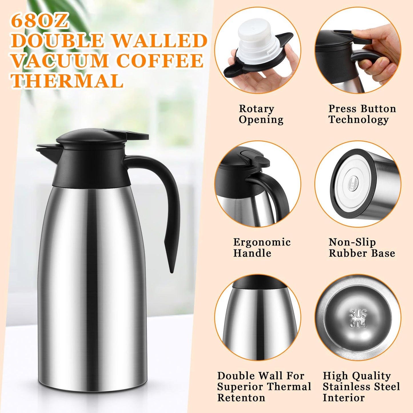 Norme 2 Pcs Thermal Coffee Carafe Insulated Stainless Steel Coffee Carafe for Hot Liquid Vacuum Thermal Pot Creamer Pitcher Dispenser with Brushes Keeping Hot Water Milk(Silver,68 oz)