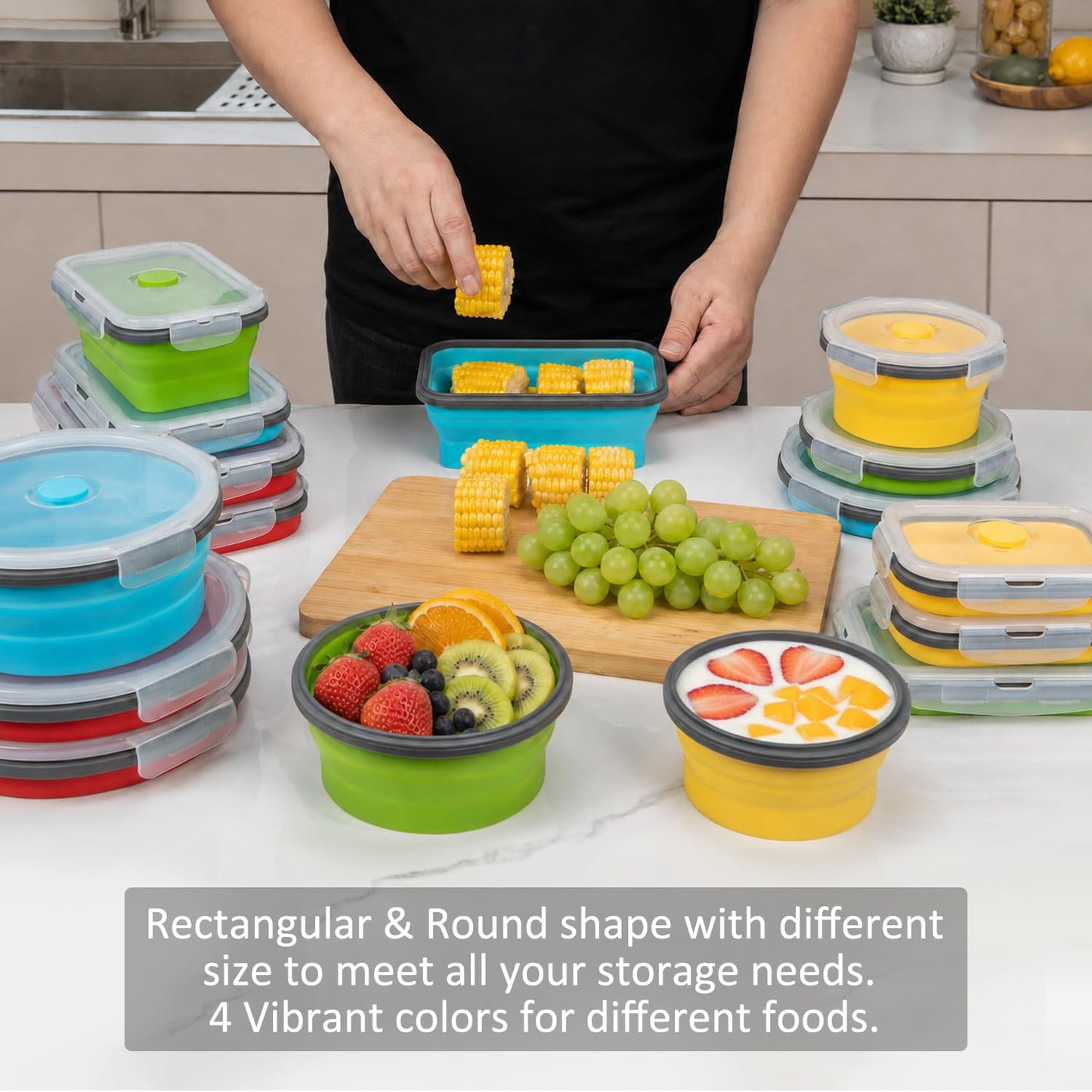 Collapsible Food Storage Containers with Lid & Air Vent, 16 Pack, 8 Rectangular + 8 Round, Annaklin Foldable Silicone Lunch Containers Collapsible Bowls Set, Microwave Freezer Dishwasher Safe, 4-Color