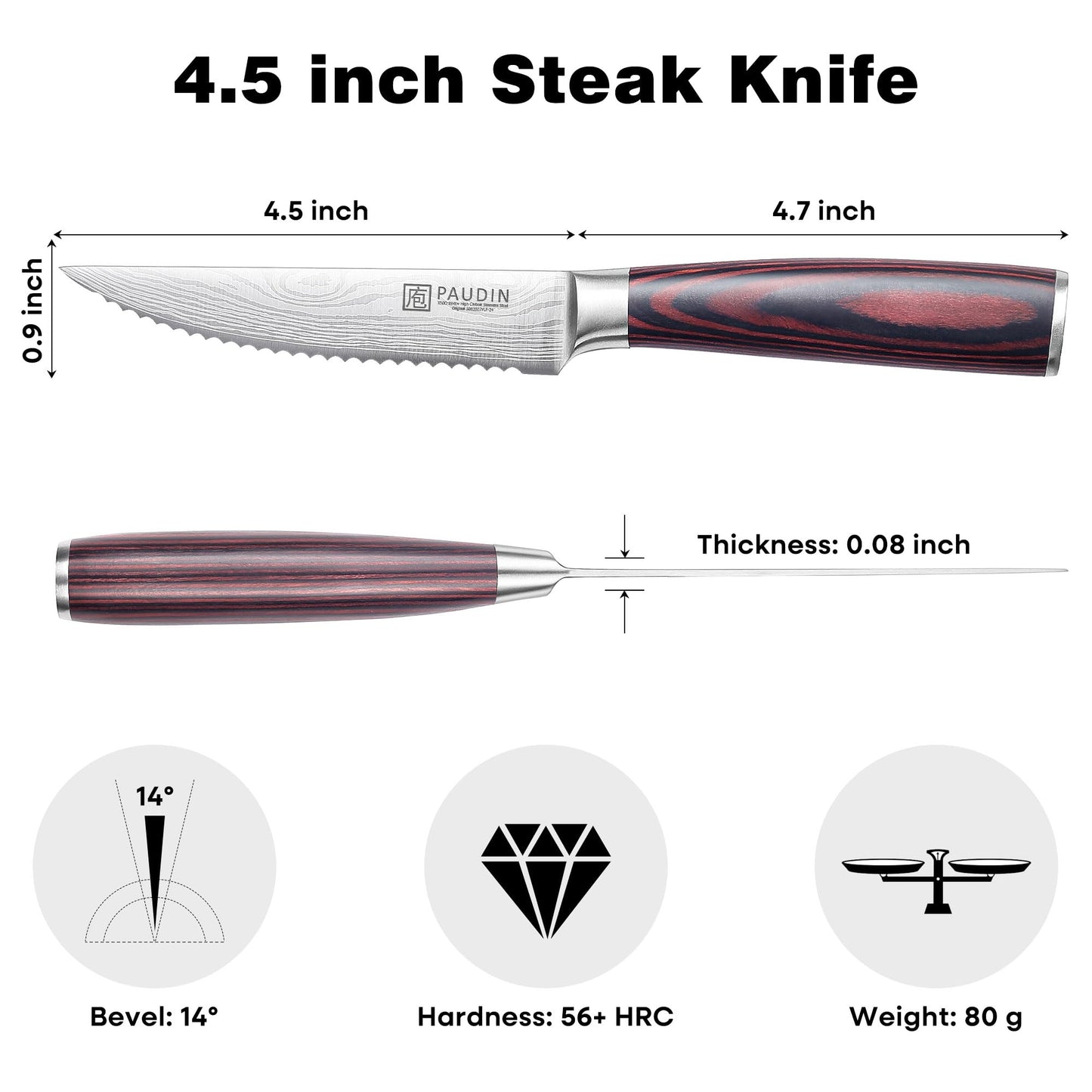 PAUDIN Steak Knives, Steak Knives Set of 6, Ultra Sharp 4.5 Inch Serrated Steak Knife, High Carbon Stainless Steel Steak Knife Set with Pakkawood Handle and Gift Box