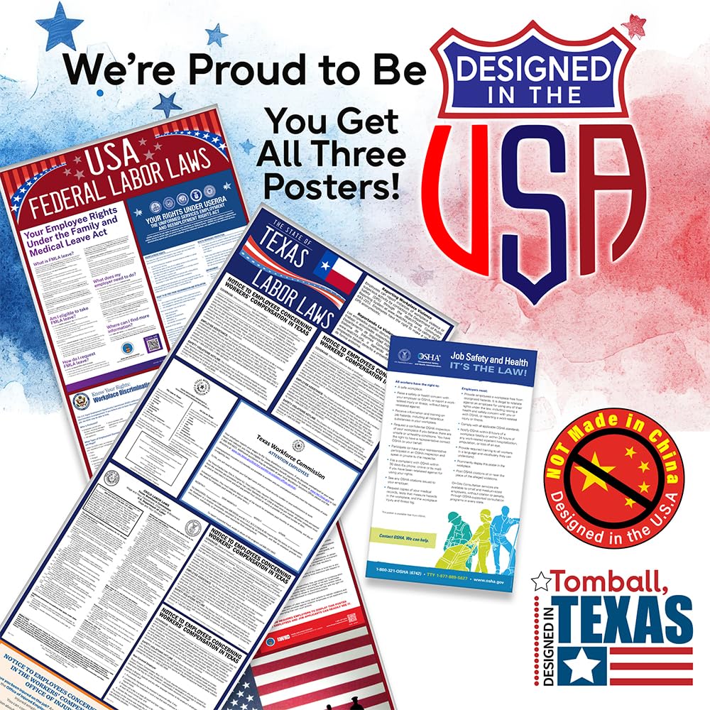 2026 All-in-One Labor Law Poster Pack of 1– Texas State Federal OSHA Compliant Workplace Posters Laminated Employee Rights Minimum Wage Sign HR Office Compliance Bulletin Board Business Regulation Set