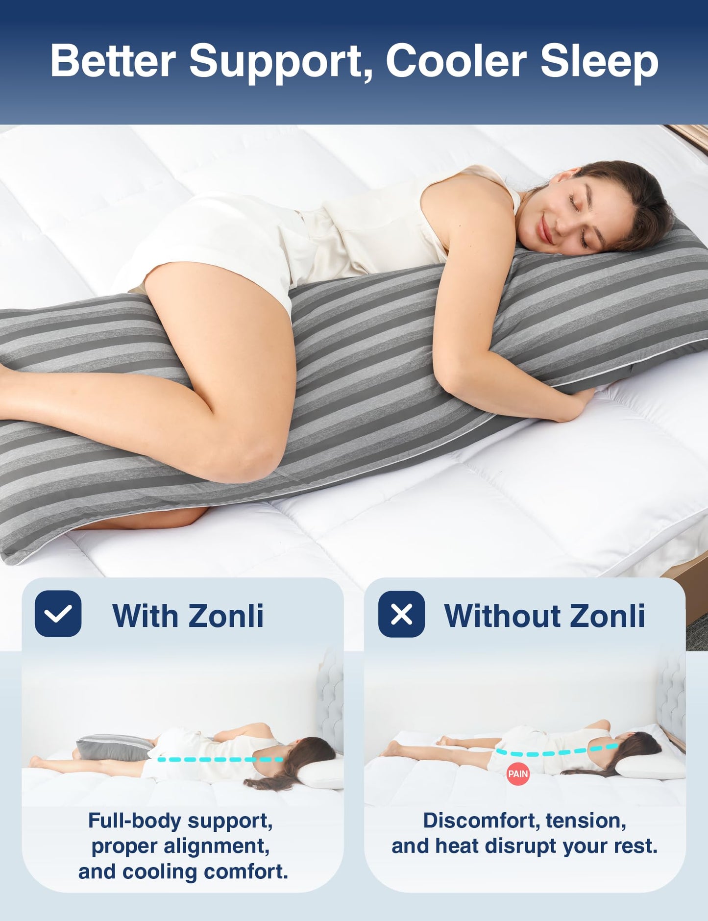 ZonLi Cooling Body Pillow for Adults, Long Pillow with Memory Foam Adjustable, Firm Support Body Pillow for Side Sleeper, Pregnant, Back Pain Relief, Washable Pillowcase, 20x54 inch, Grey
